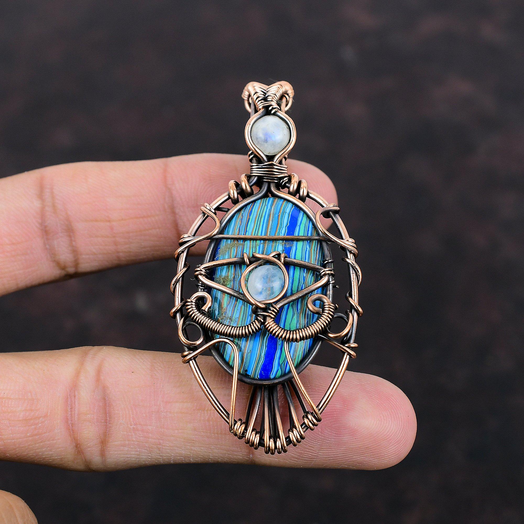 Pandantiv Ochi Rău Calcedonie Curcubeu Pandantiv Înfășurat în Sârmă de Cupru Pandantiv Piatră Lunii Curcubeu Bijuterii din Cupru Pentru Cadou Pandantive cu Pietre Semiprețioase Lucrate Manual