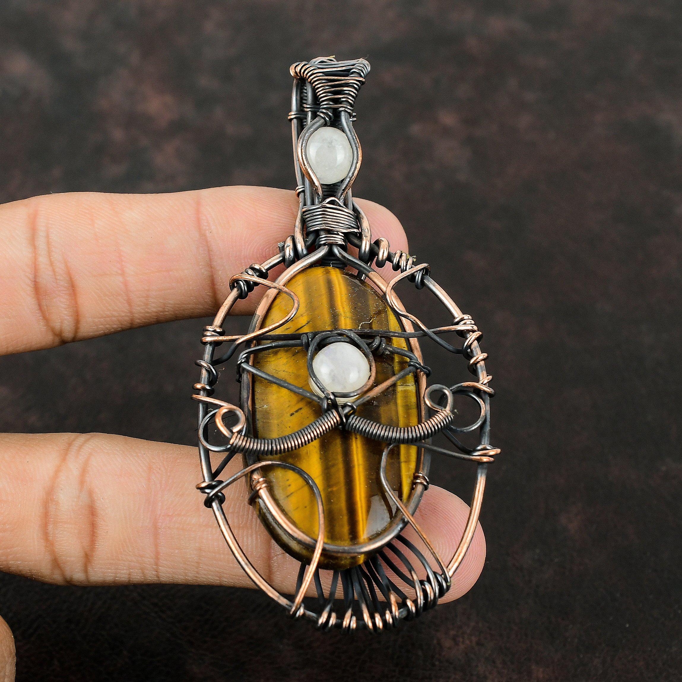 Pingente de pedra preciosa olho de tigre olho mau fio de cobre enrolado pingente feito à mão designer jóias presente para a mãe jóias de pedra da lua arco-íris