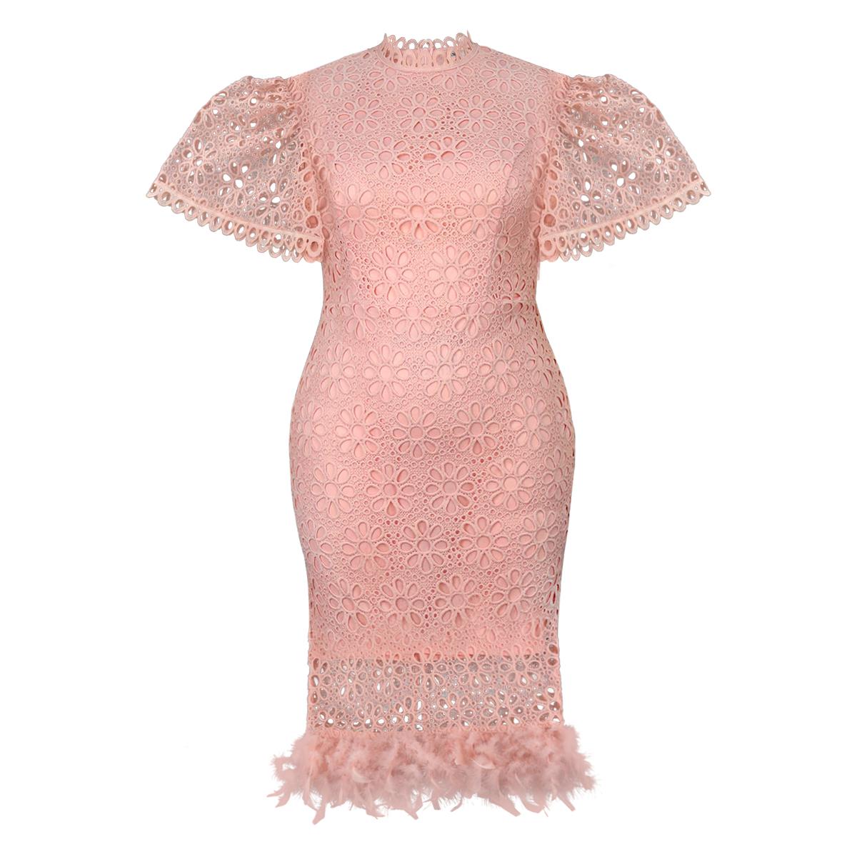 AOMEI White Lace Dresses Mock Neck Short Puff Sleeve High Waist A Line Hollow Flower Out Classy Evening Party Outfits For Women