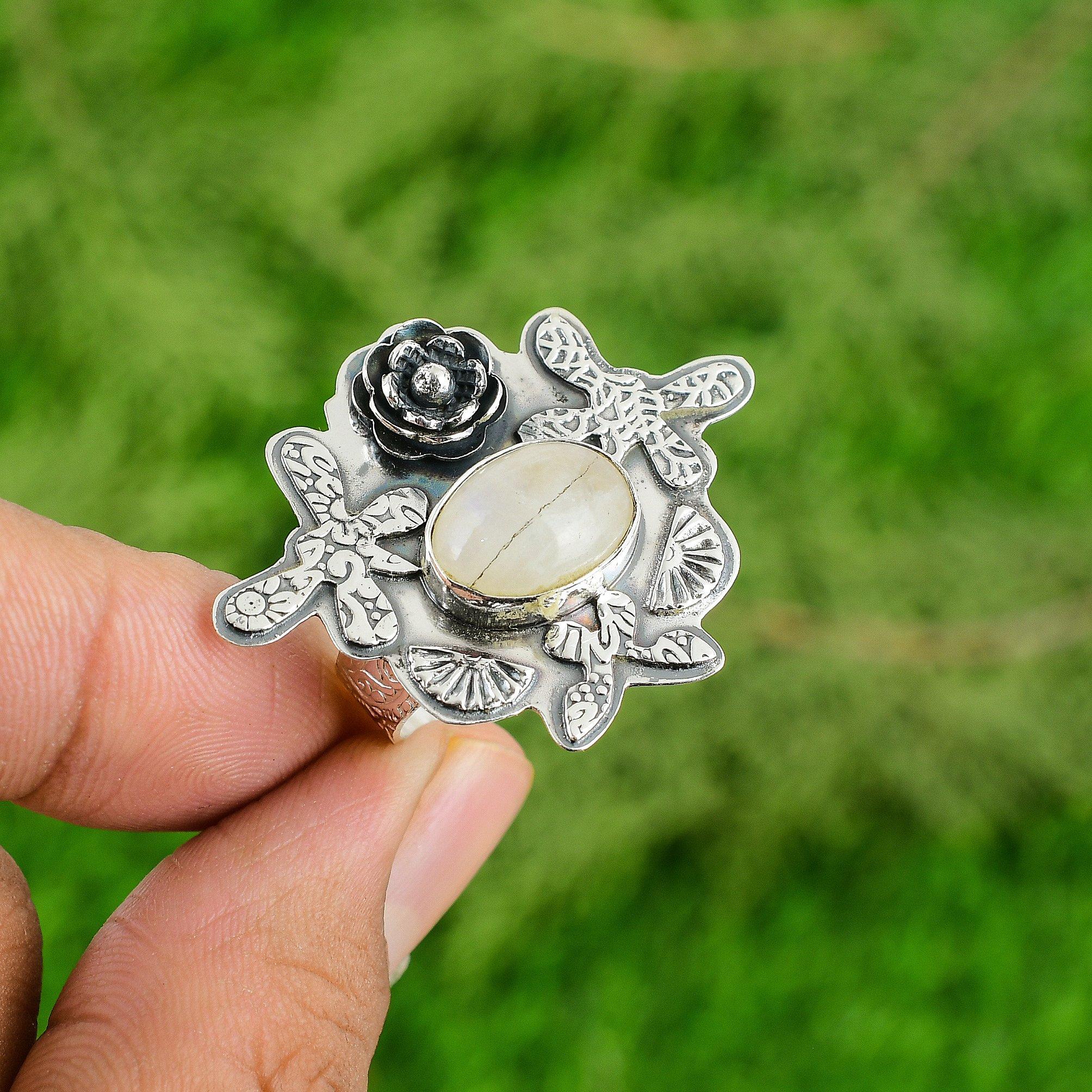 925 Silver Natural Rainbow Moonstone Multi Stone Flower Adjustable Ring