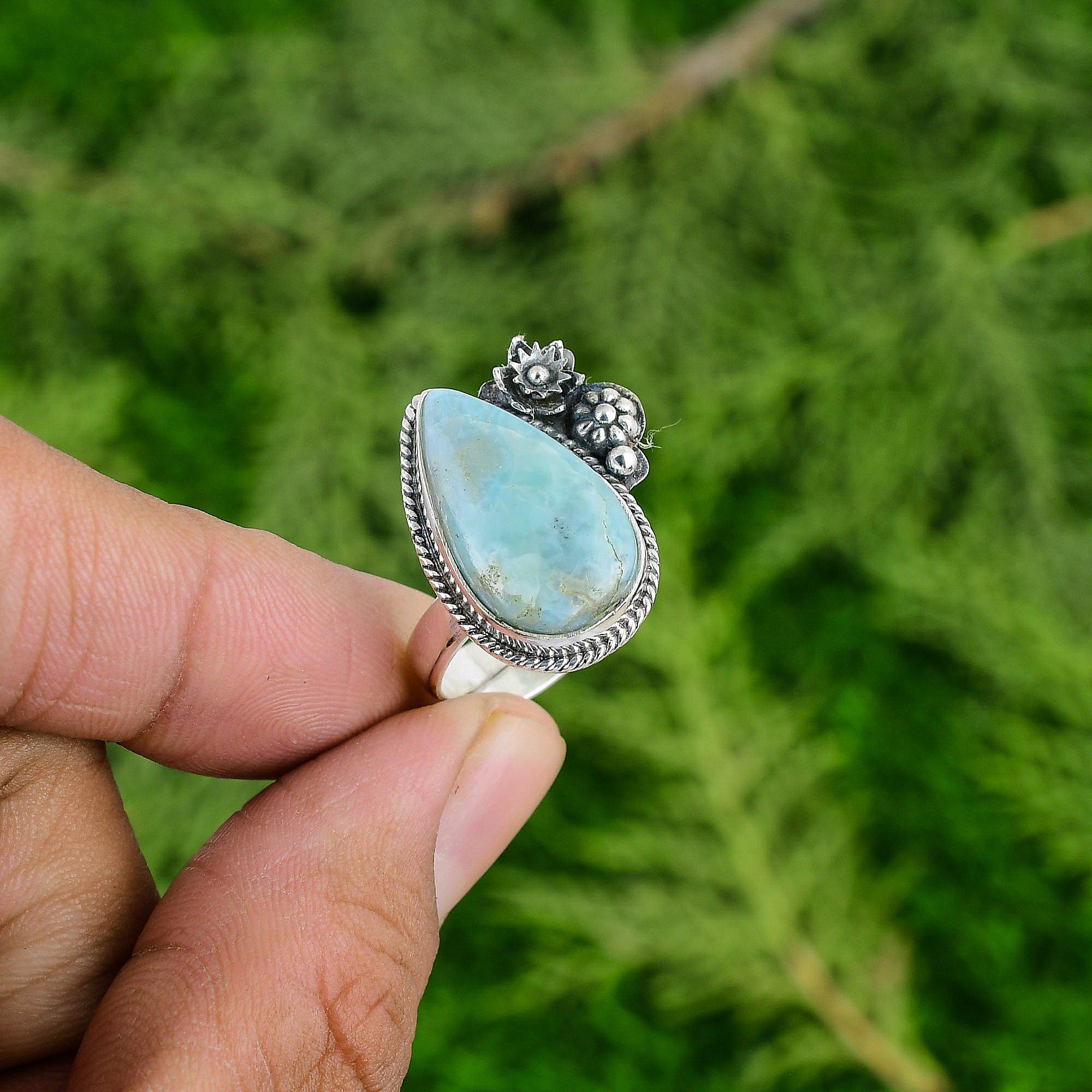 925 Sterling Silver Pear Larimar Gemstone Flower Art Deco Promise Sister Ring