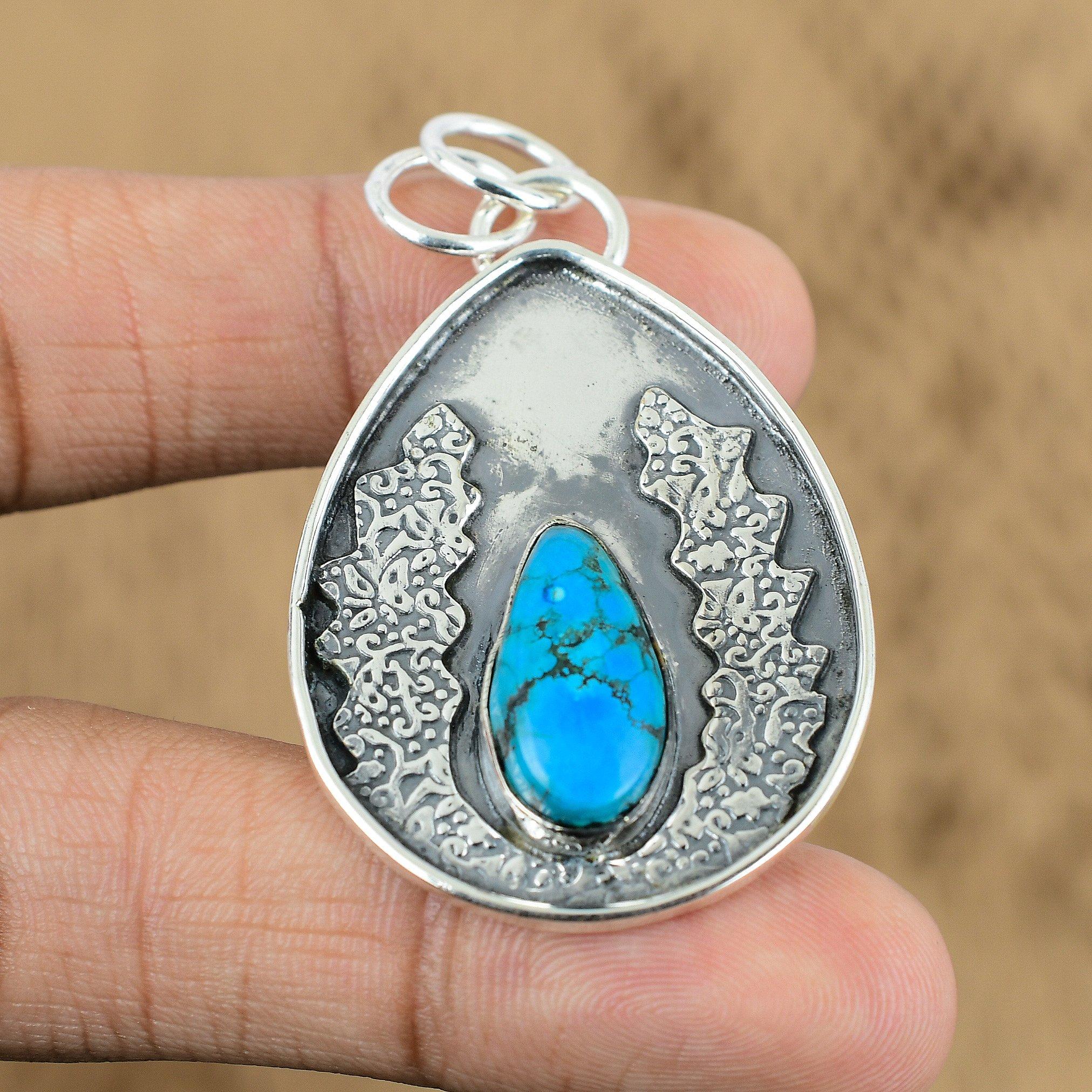 Womens Day Sale Pear Tibetan Turquoise Gemstone New Pendant 925 Sterling Silver