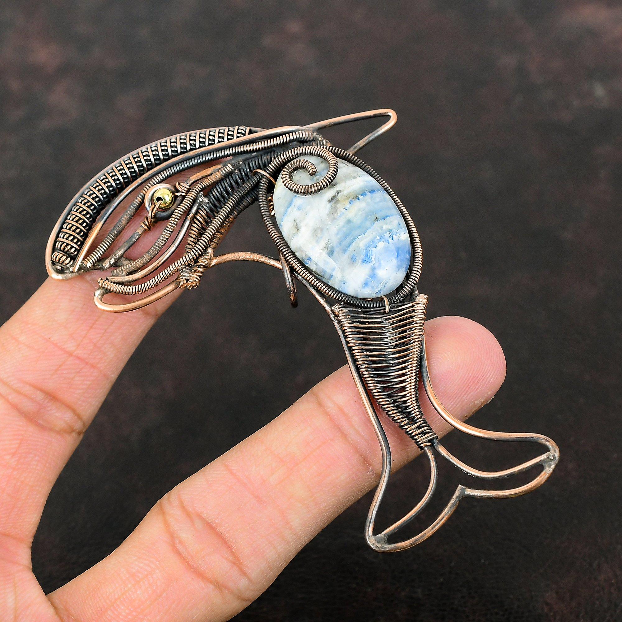 Blue Scheelite Pendant Copper Wire Wrapped Pendant Handmade Gemstone Pendant Copper Jewelry Awesome Fish Pendant Wire Wrap Jewelry For Gift
