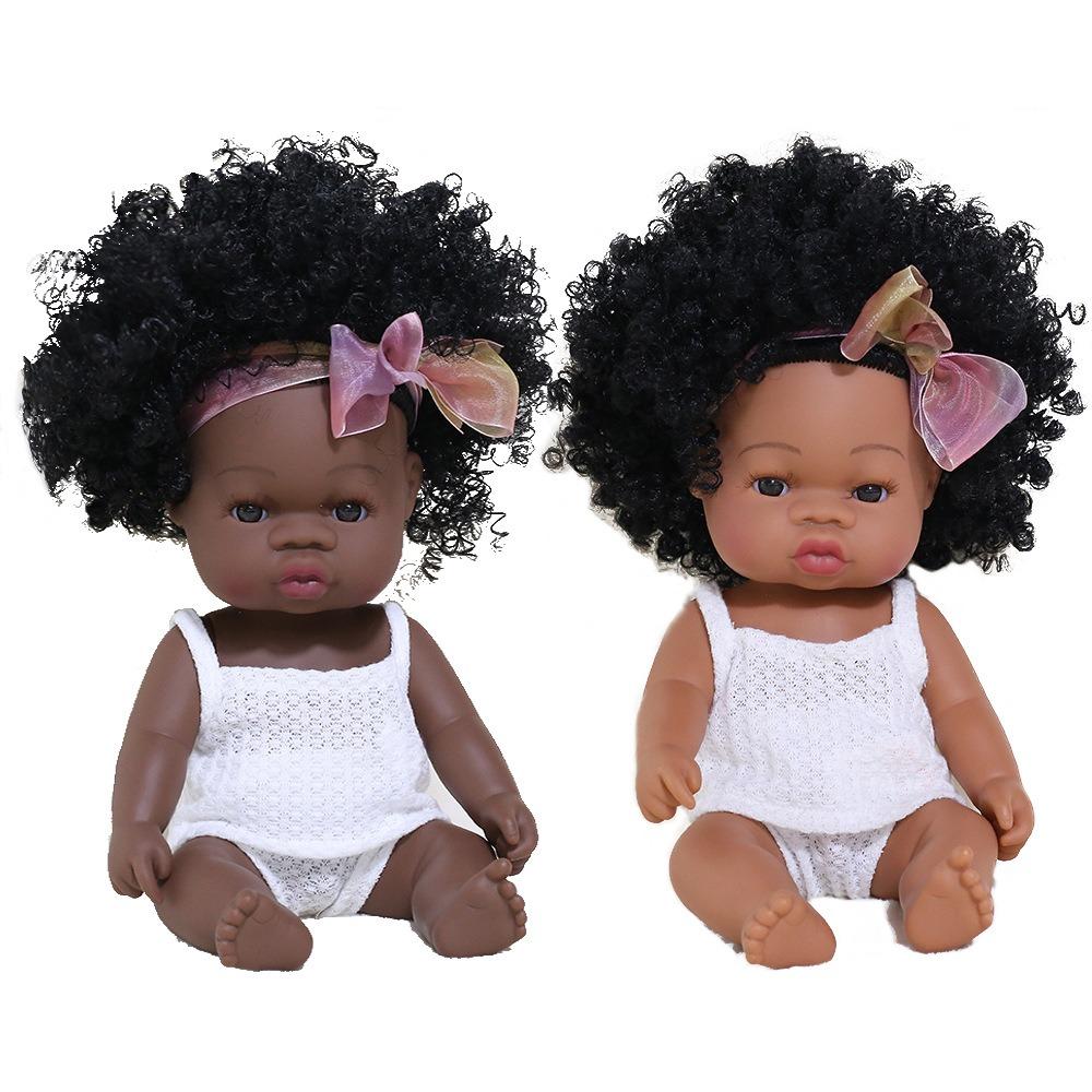 33cm Full Silicone Body Reborn Baby Doll Toys Dark Black Brown Skin Optional Rebirth Doll Lifelike Curly Hair Newborn Doll for Kids Birthday Xmas Gift