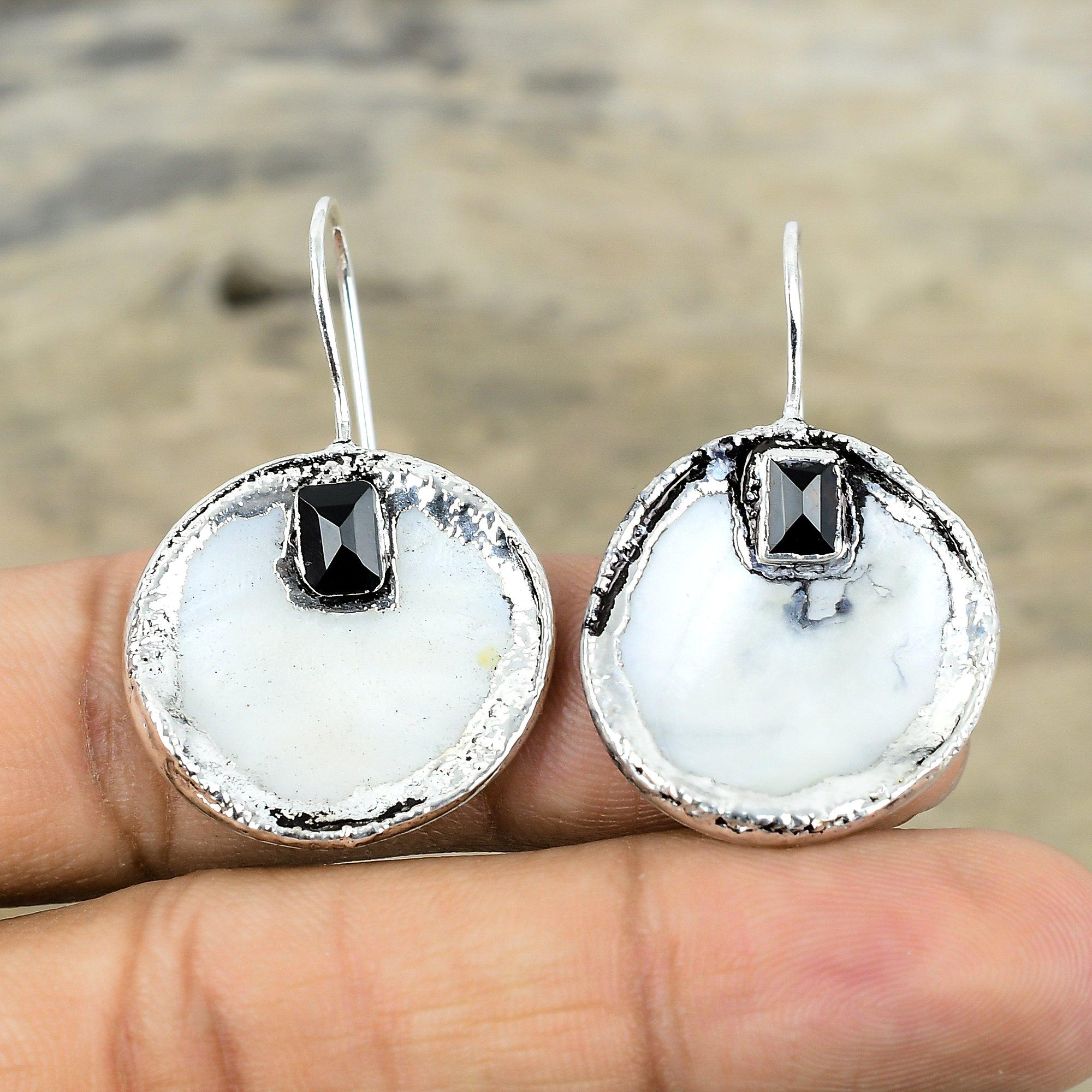 Perlmutt Edelstein Ohrringe Elektrogeformte Kupfer Ohrringe Versilberte Ohrringe Elektrogeformter Schmuck Schwarzer Onyx Ohrring Kupferschmuck