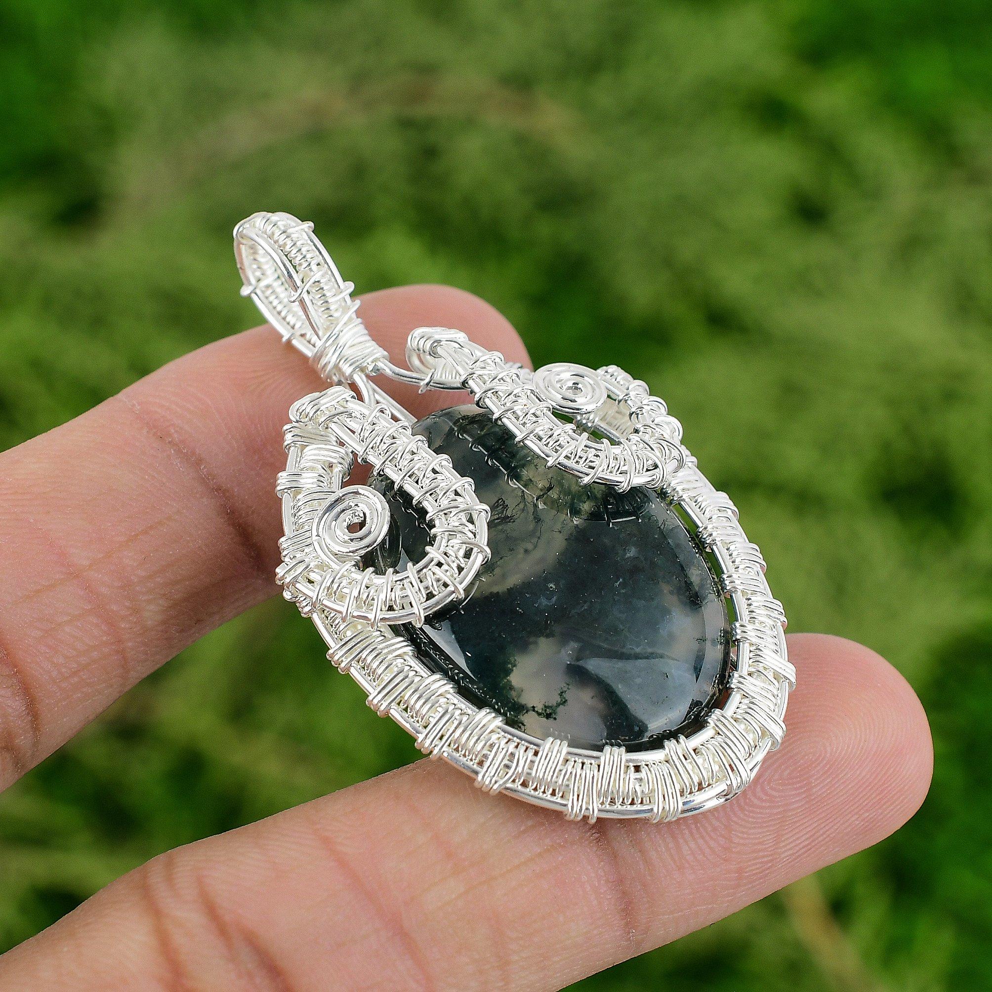 Solar Moss Agate Gemstone Wife Birthday Wire Wrapping Pendant Sterling Silver