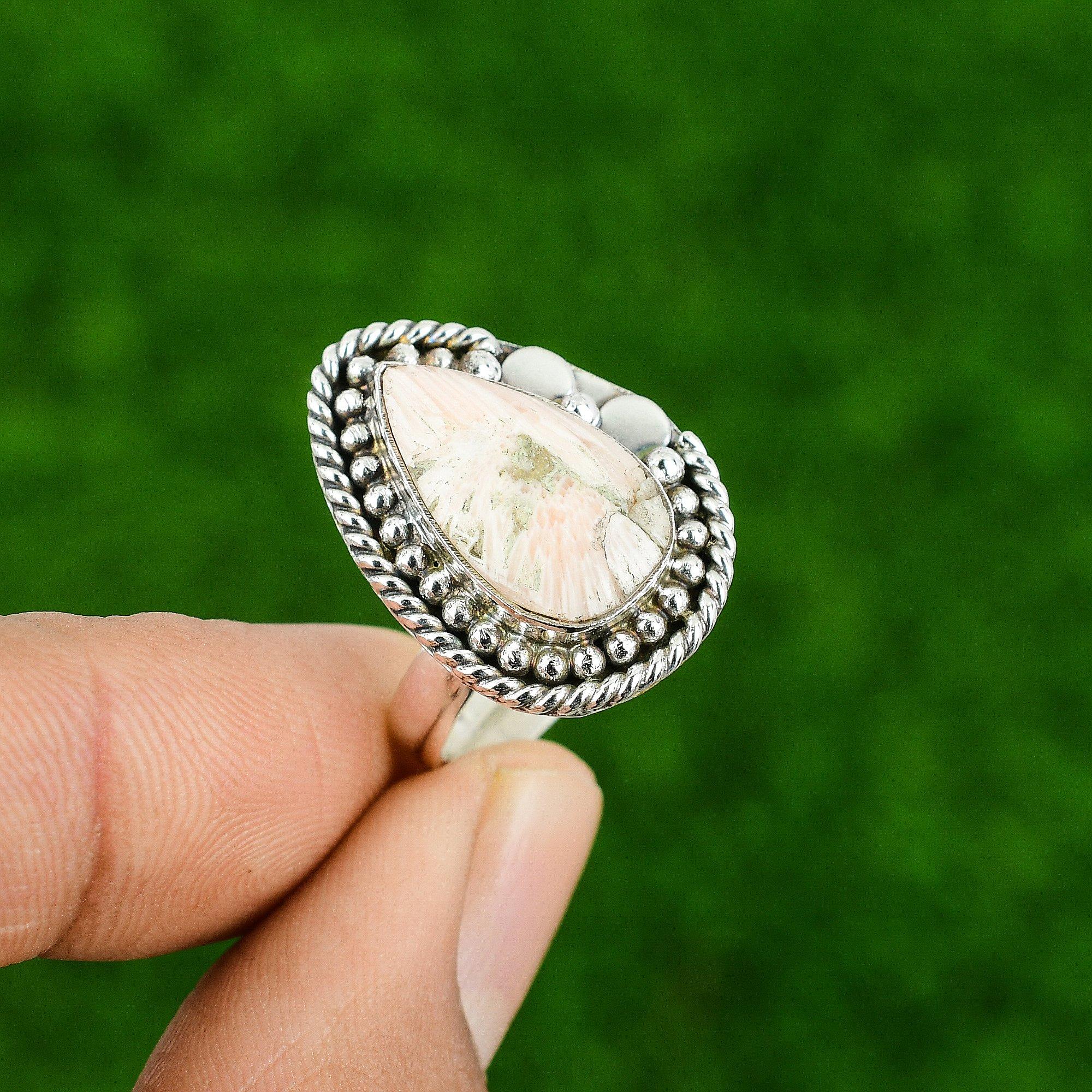 925 Silver Scolecite Gemstone Anniversary Solitaire Crown Chakra Ring Jewelry