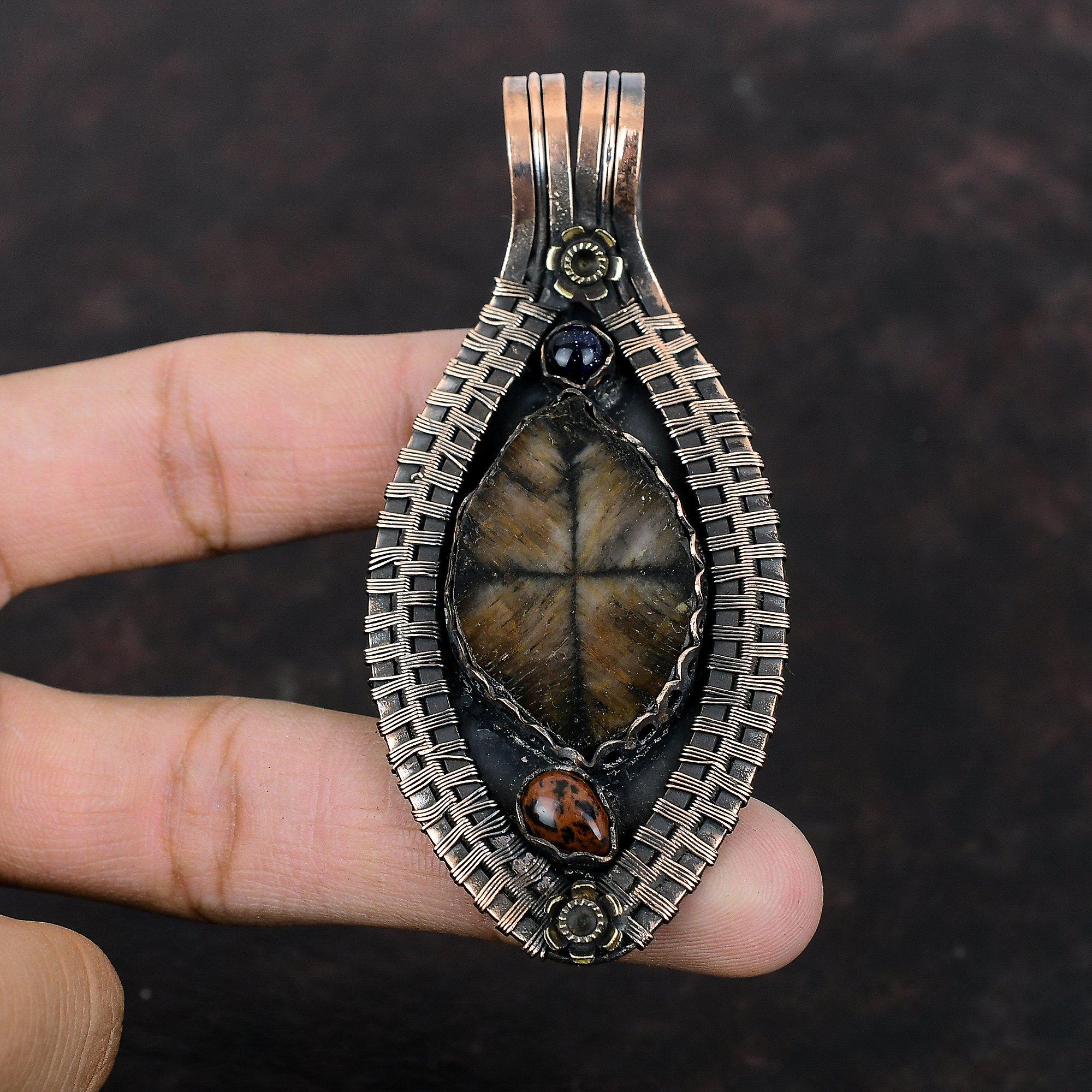 Chiastolite Gemstone Pendant Copper Wire Wrapped Pendant Mahogany Obsidian And Blue Sunstone Pendant Handmade Wire Jewelry Pendant For Women