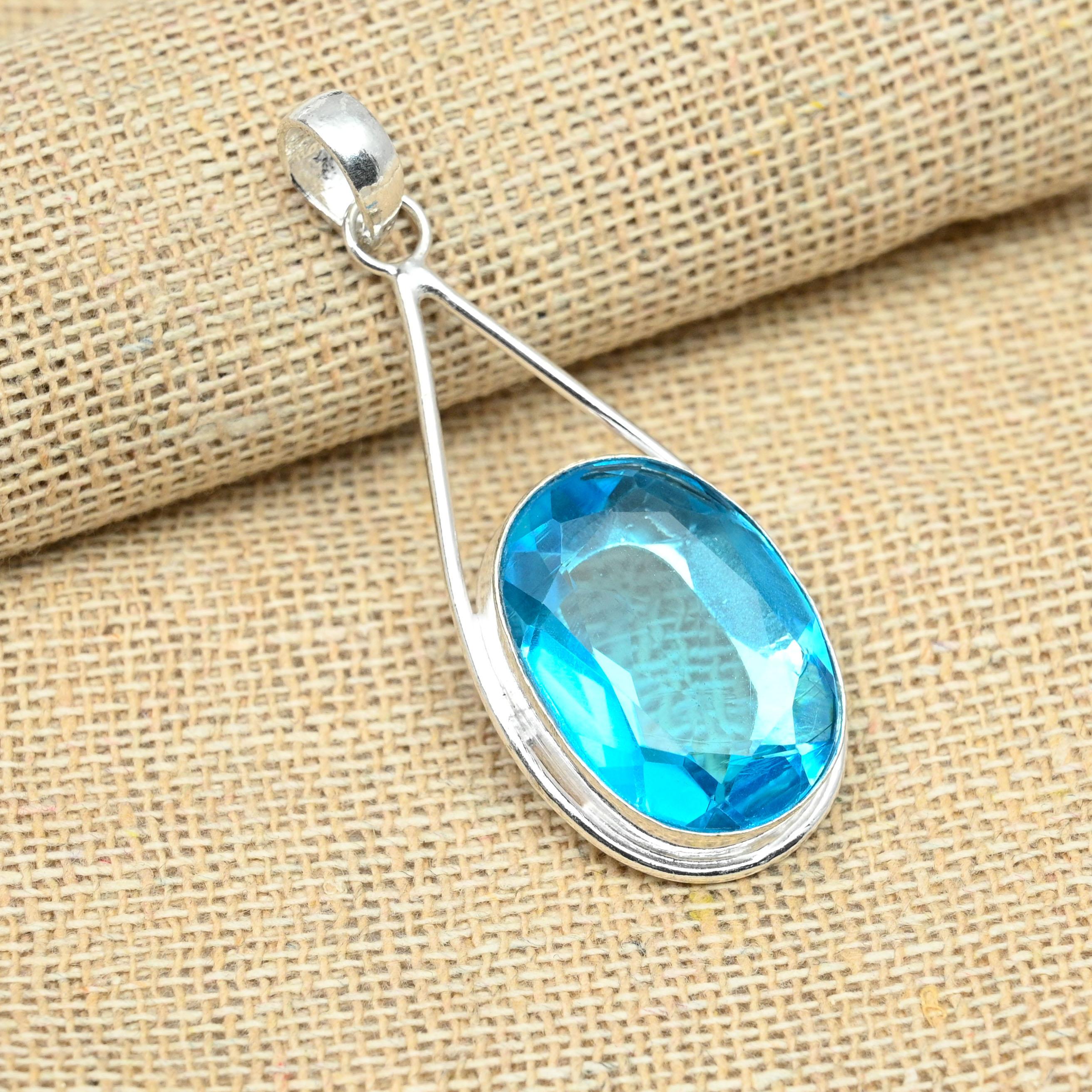 AAA+ Blue Topaz Gemstone 925 Sterling Silver Handmade Engagement Gift Pendant