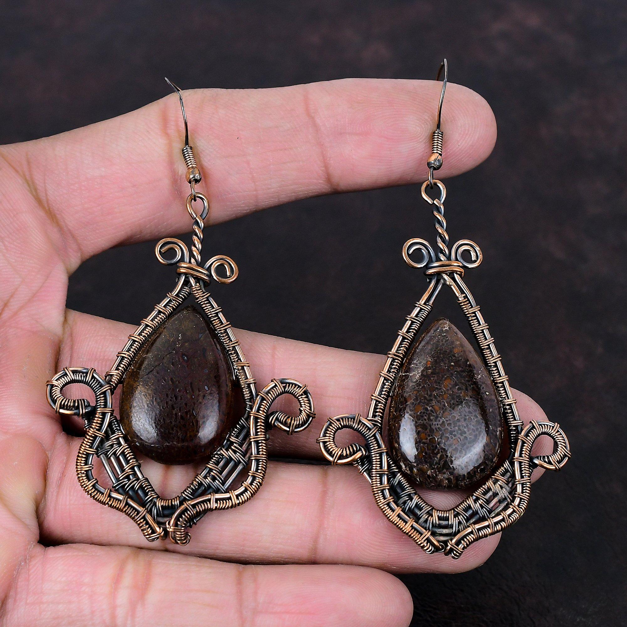 Dinosaur Bone Earring Copper Wire Wrapped Earrings Dinosaur Bone Jewelry Real Gemstone Earrings Handmade Earring Gift For Mom Copper Jewelry