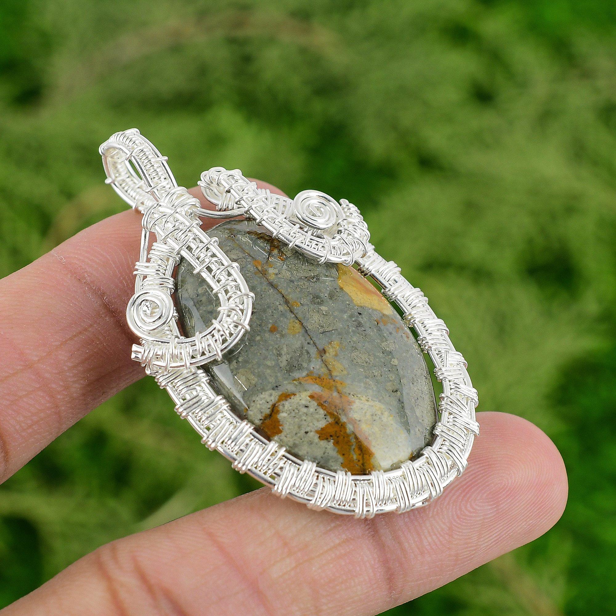 925 Sterling Silver Oval Polychrome Jasper Stone Boho Wire Wrap Pendant Jewelry