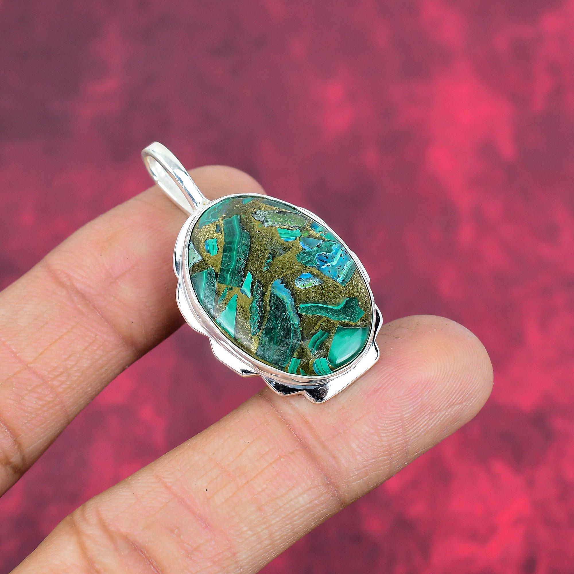 Copper Azurite Malachite Pendant, 925 Solid Sterling Silver Gemstone Jewelry, Handmade Pendant, For Memorial Day