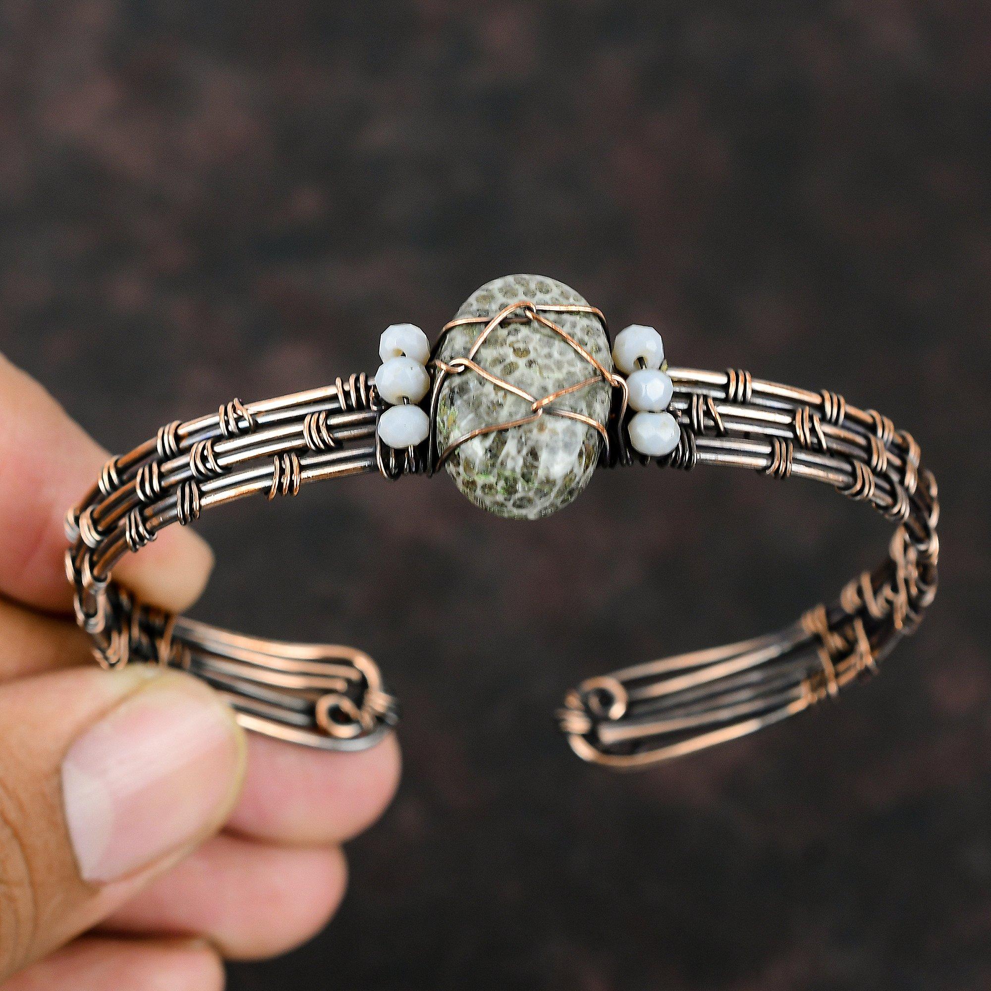 Wire Wrapped Stingray Coral Cuff Bracelet Blue Lace Agate Beads Bangle Copper Wire Wrapped Handmade Jewelry Adjustable Bangle Gift For Her
