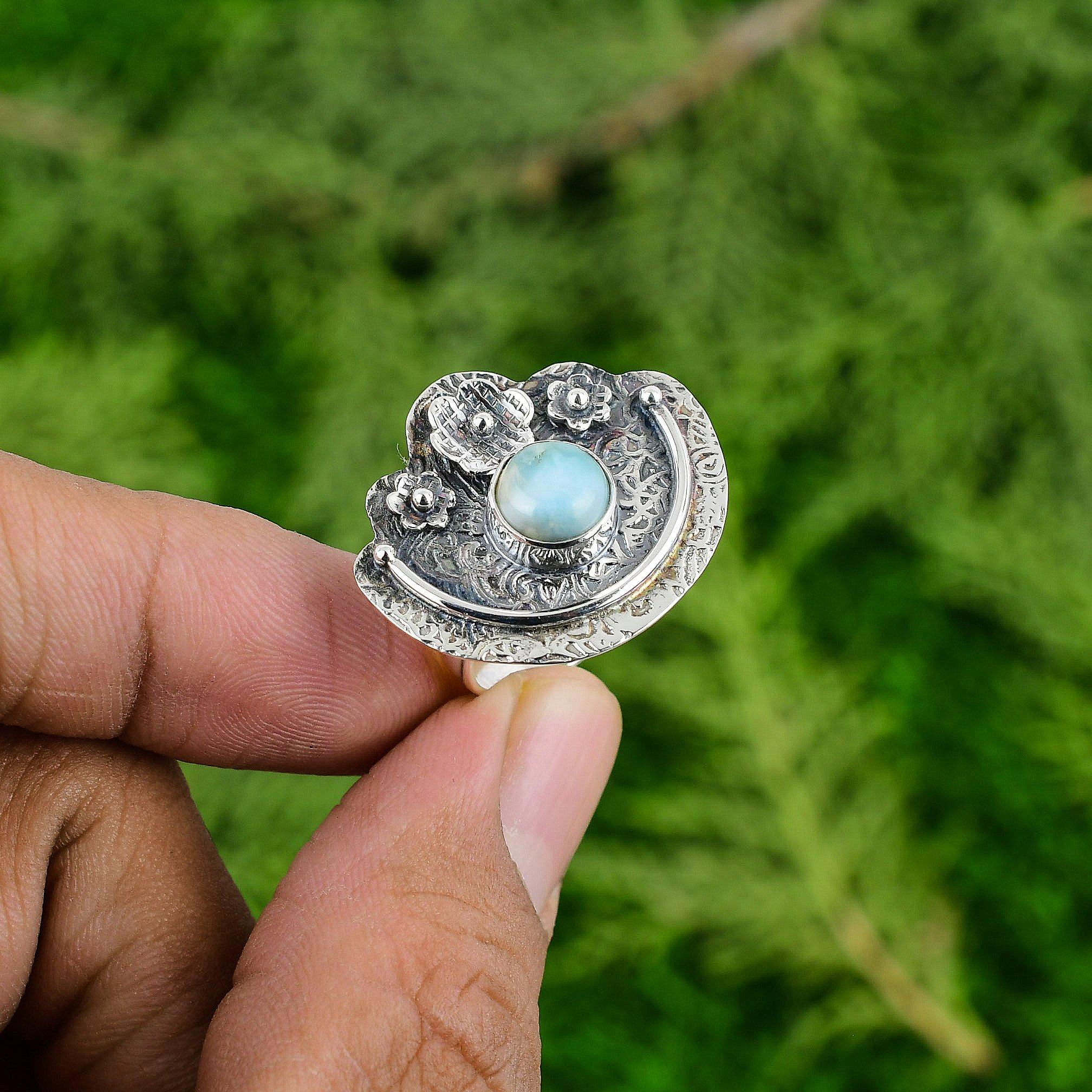 Mothers Day Sale Natural Larimar Promise Flower Handmade Ring Jewelry 925 Silver