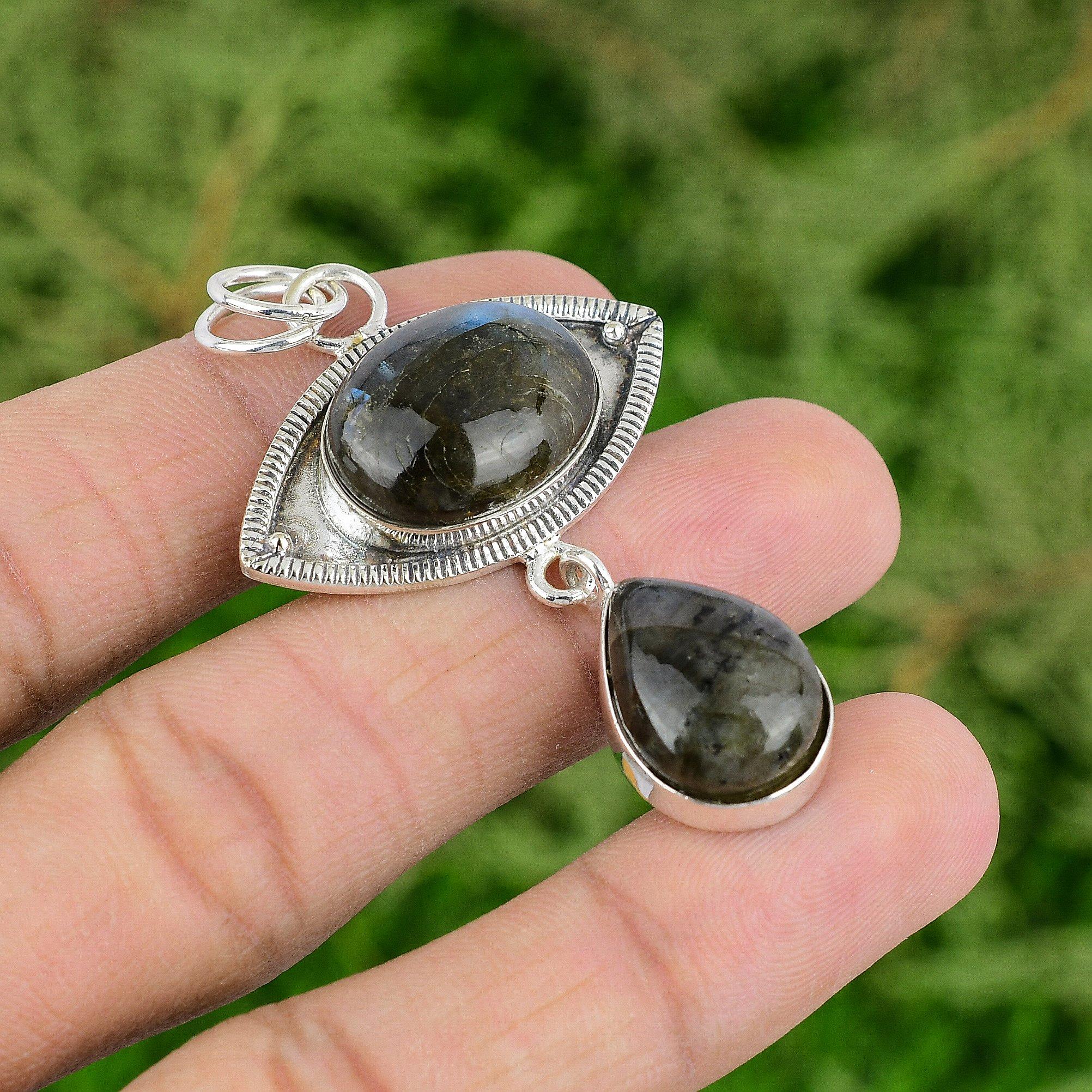 Pendentif Pierre Gemme Labradorite Naturelle Fait Main Argent Sterling 925 Bijoux Indiens