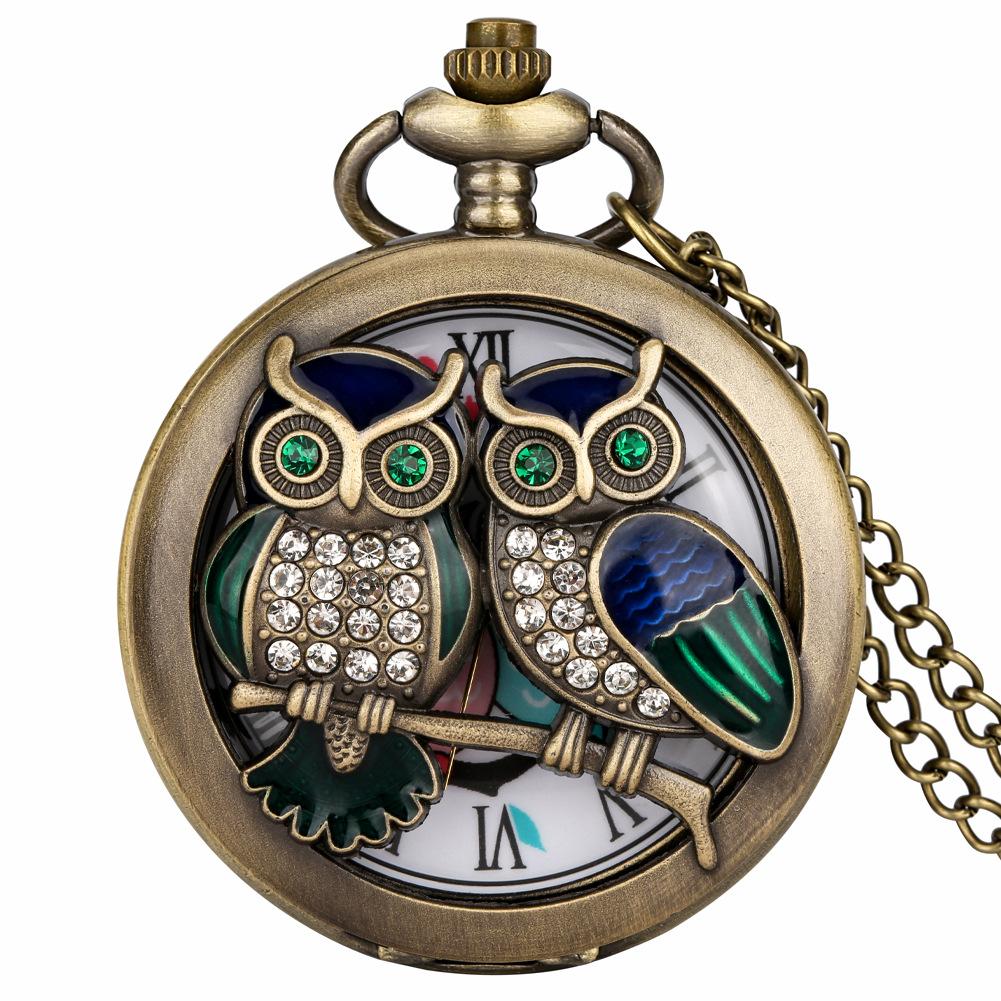 Rhinestone Owl Pocket Watch Vintage Men's Women's Quartz Watches Accessories Holiday Gifts