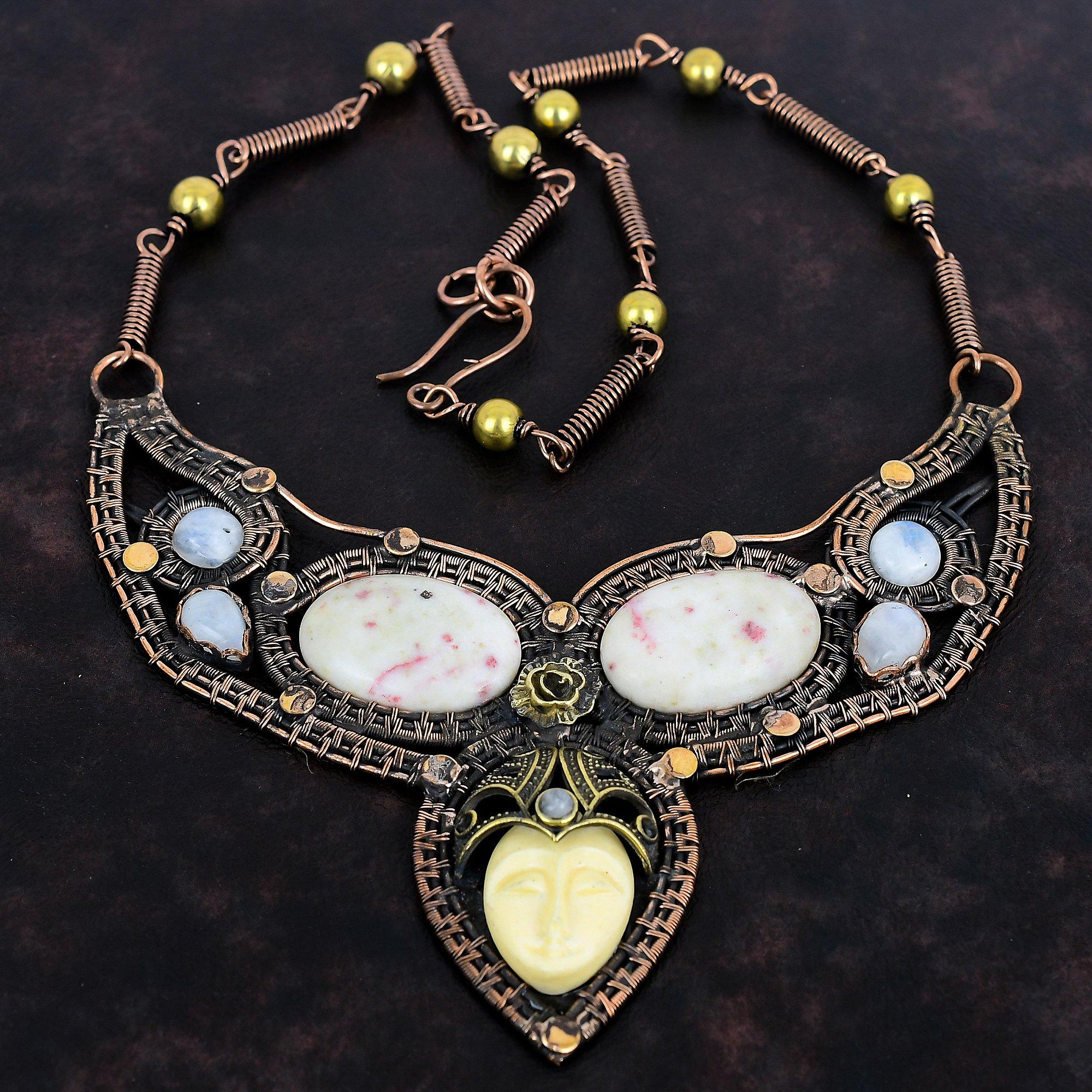 White Carved Bone Face Necklace Copper Wire Wrapped Necklace Adjustable Necklace Cinnabar And Moonstone Necklace Gemstone Handmade Jewelry