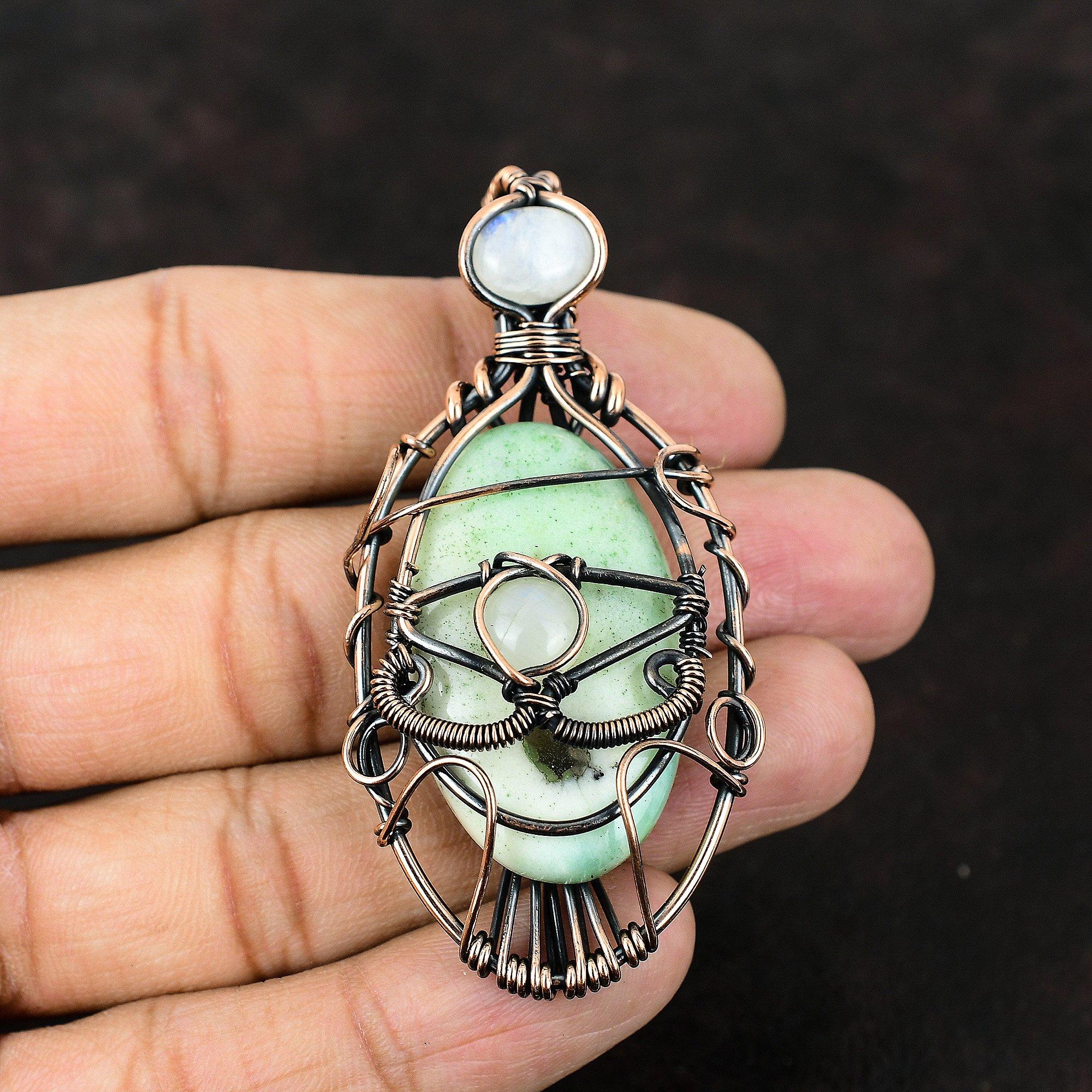 Evil Eye Chrysoprase Copper Pendant Copper Wire Wrapped Jewelry Gemstone Jewelry Rainbow Moonstone Jewelry Evil Eye Jewelry Birthday Gift