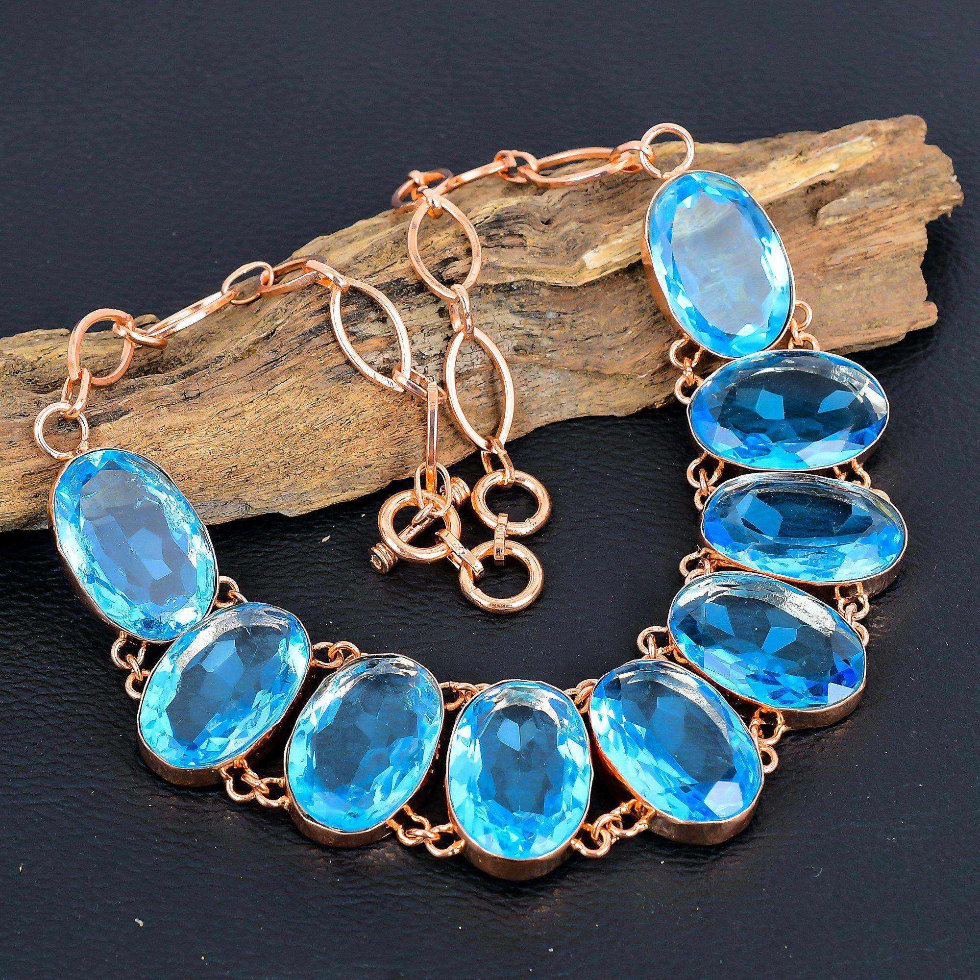 Colier cu topaz albastru, bijuterii tip colier, bijuterii lucrate manual cu topaz din cupru, cu lanț reglabil pentru ea