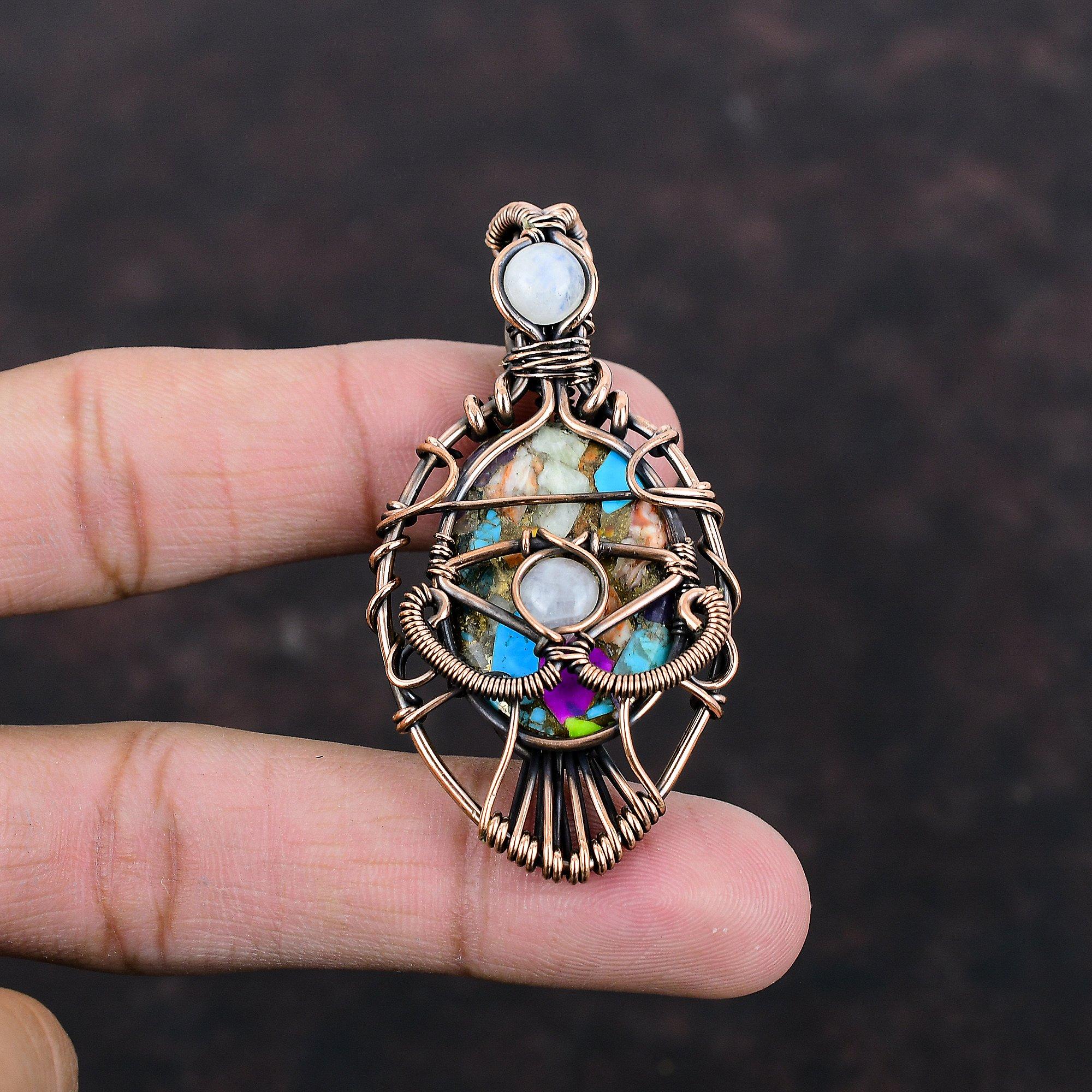 Evil Eye Multi Copper Turquoise Pendant Copper Wire Wrapped Gemstone Pendant Copper Jewelry Moonstone Pendant Gift For Mom Handmade Pendant