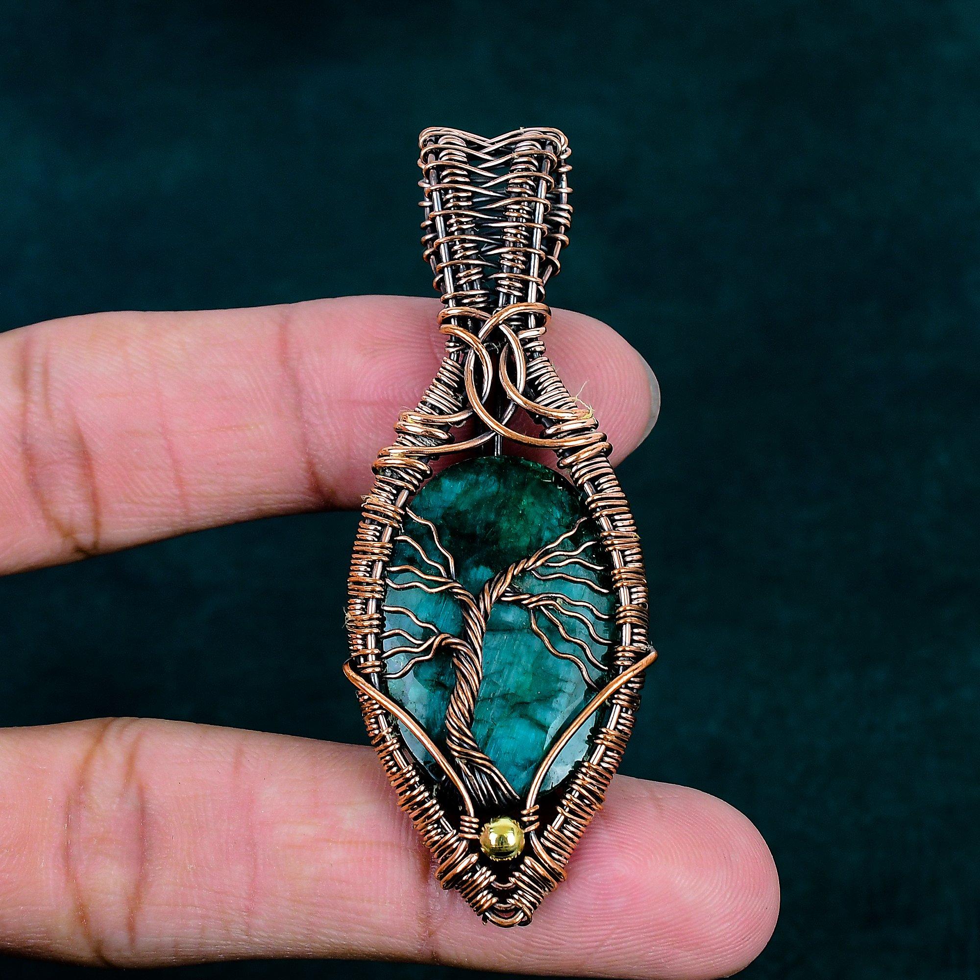 Faceted zambian emerald copper pendant handmade unique pendant copper wire wrapped jewelry original gemstone jewelry tree of life pendant