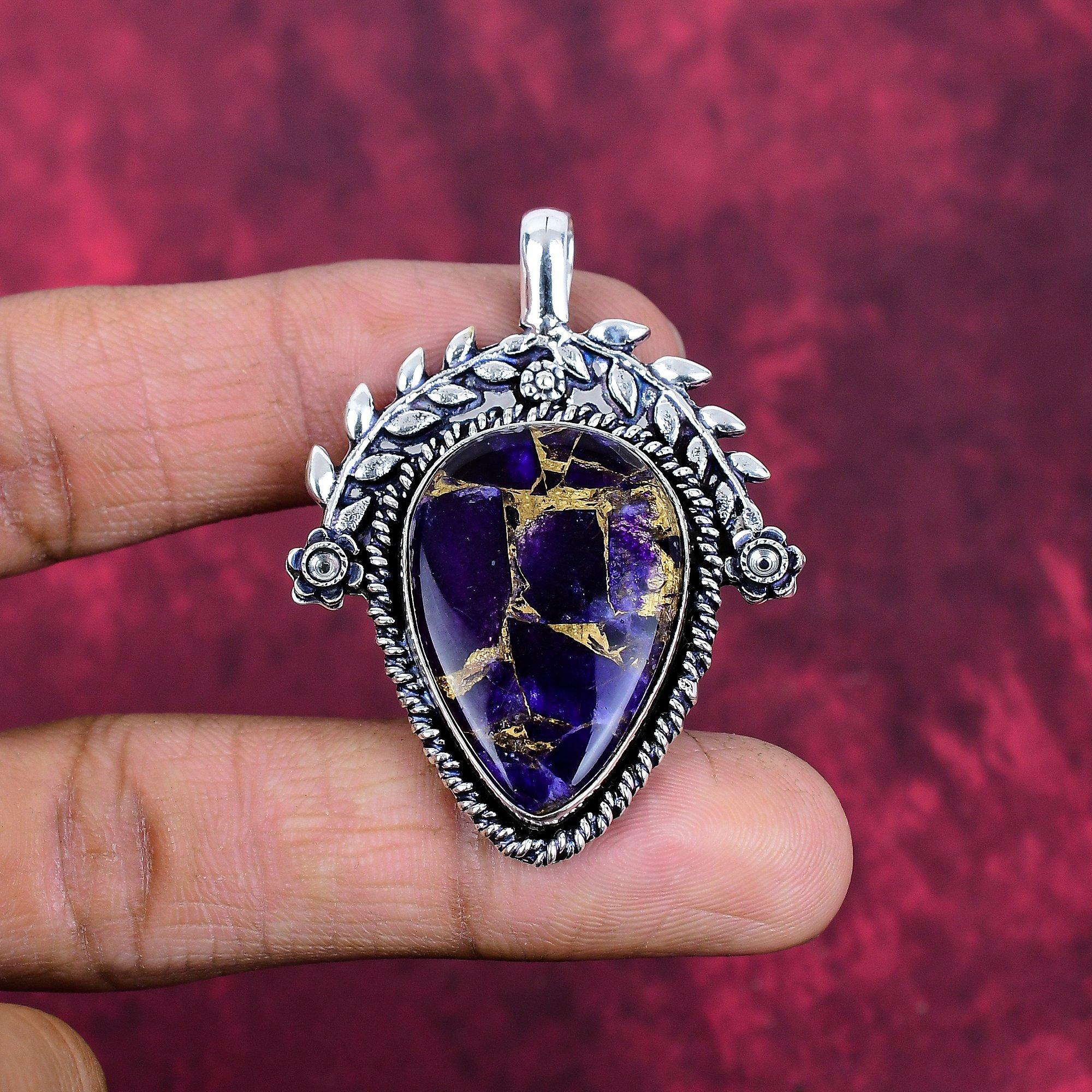 Purple Copper Turquoise Pendant, 925 Solid Sterling Silver Jewelry, Gemstone Pendant, Gift For Her Handmade Dainty Jewelry