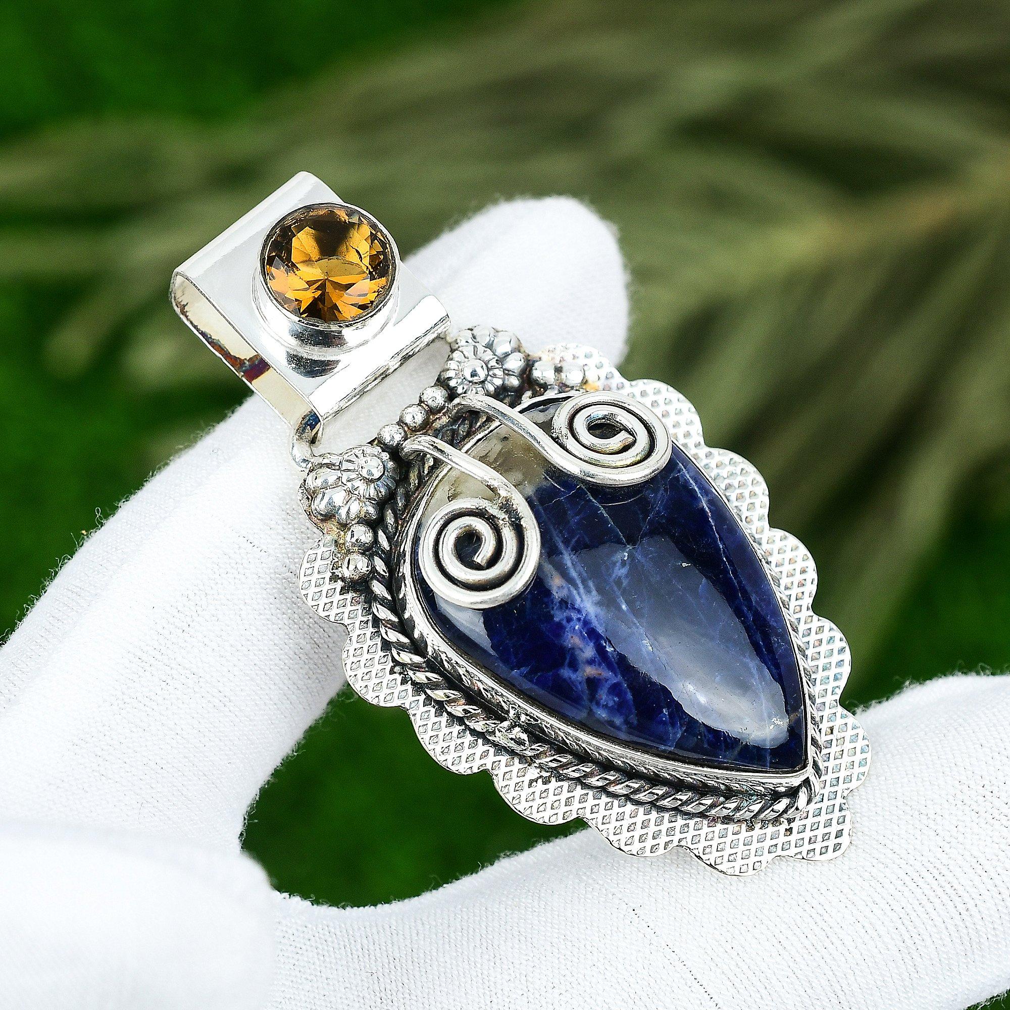 925 Sterling Silver Sodalite Stone Honey Topaz Bezel Elegant Birthday Pendant