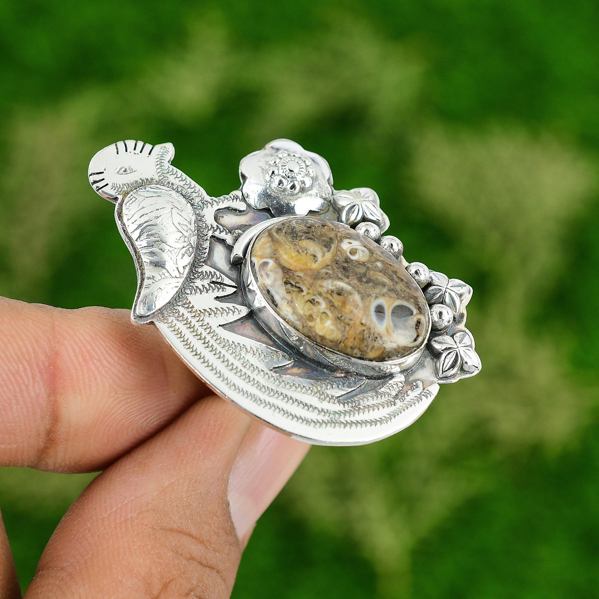 Natural Turritella Agate Gemstone Promise Bird Brown Adjustable Ring 925 Silver