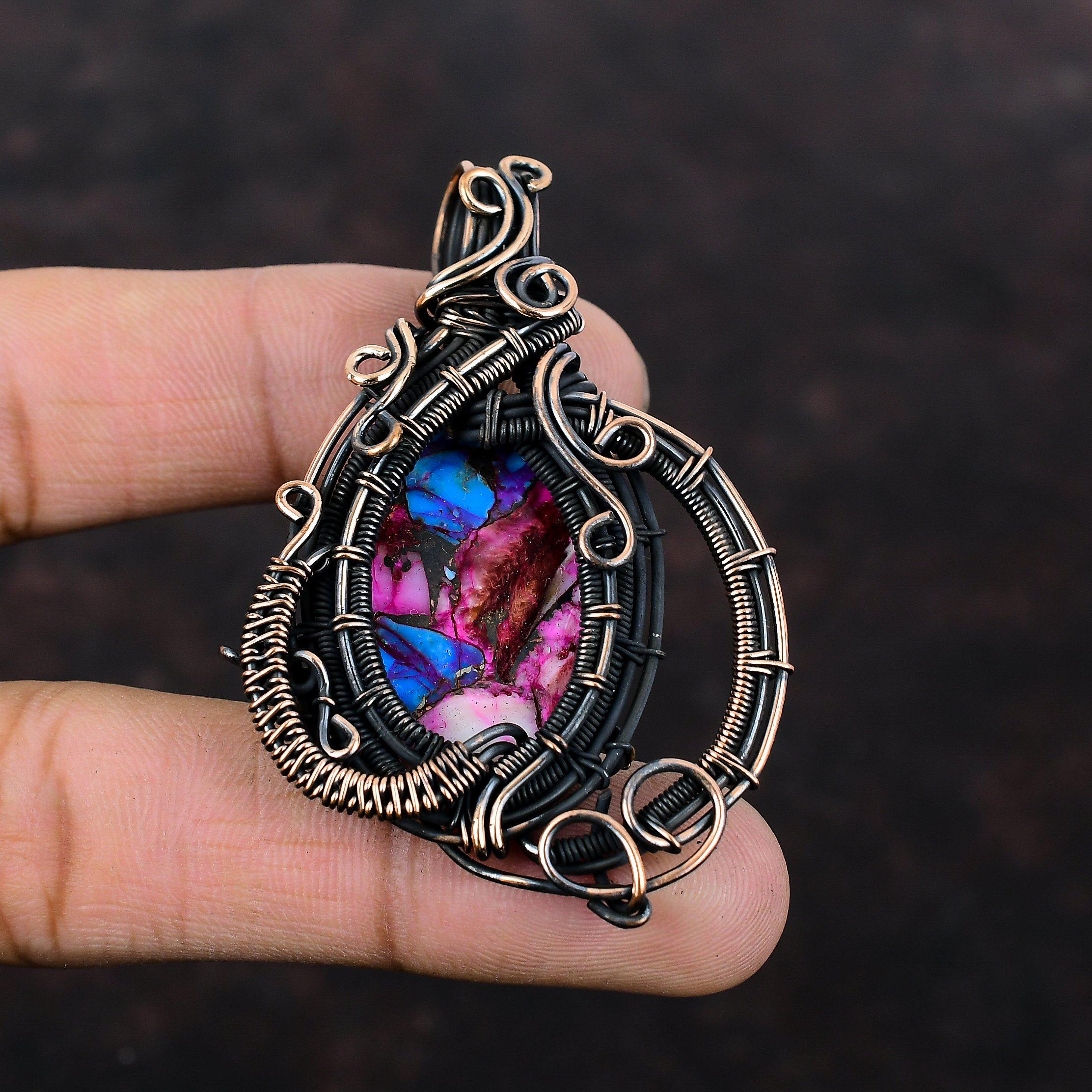 Natural Kingman Pink Dahlia Turquoise Pendant Copper Wire Wrapped Pendant Gemstone Copper Jewelry Engagement Gift Handmade Brand New Pendant