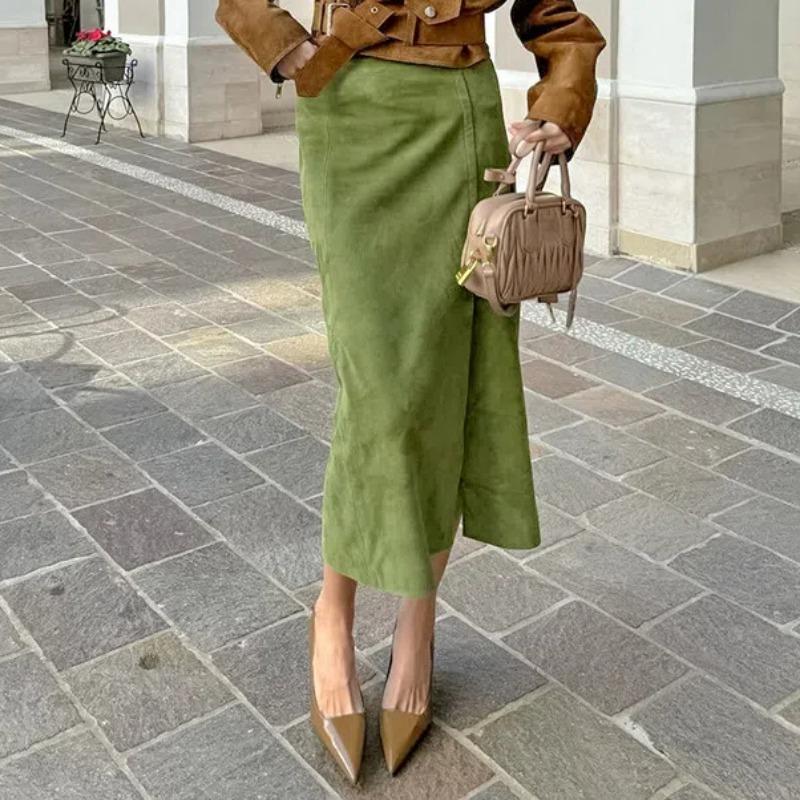 2025 podzimní vintage zelená semišová sukně s vysokým pasem s děleným lemem, manšestrová midi sukně slim fit