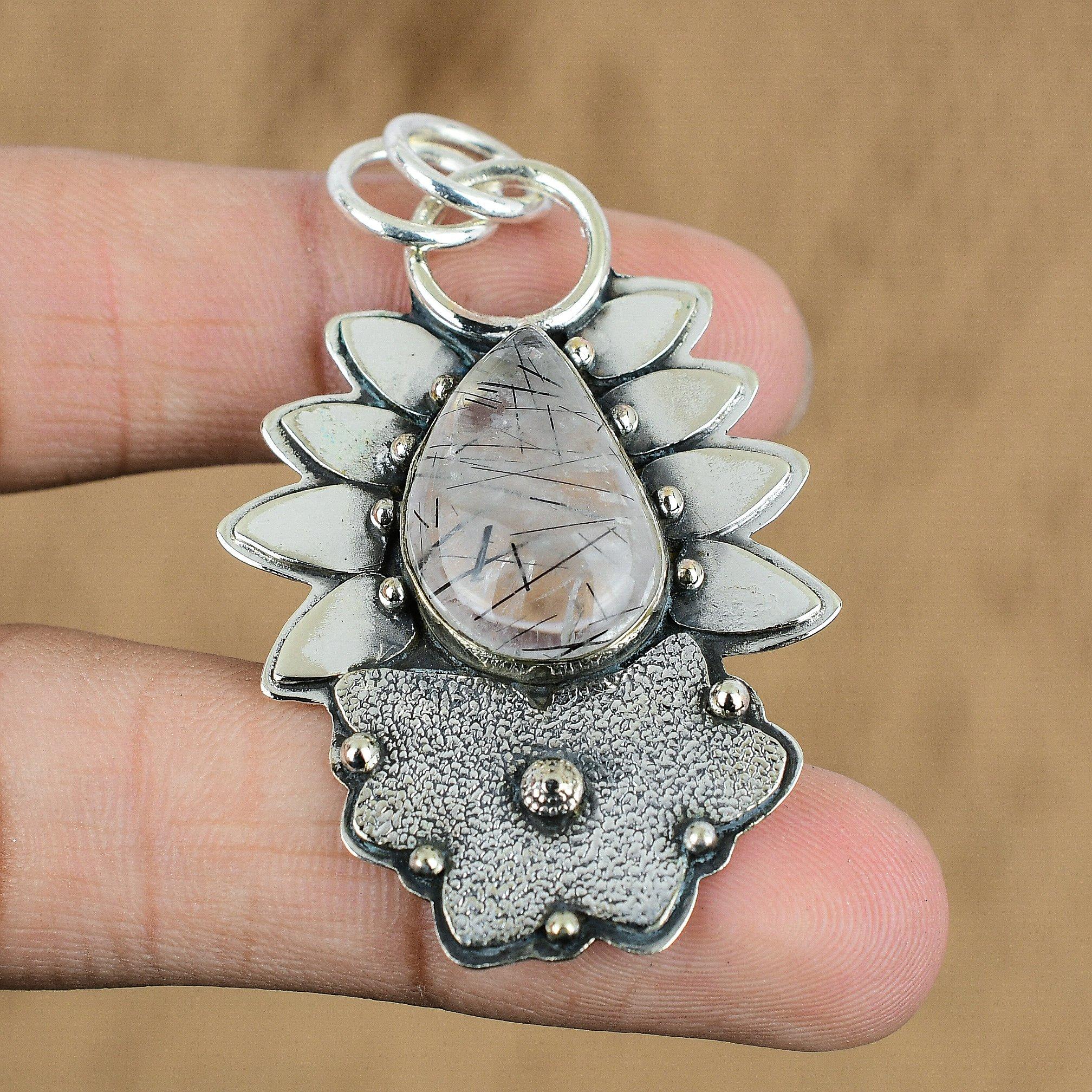Natural Black Rutile Gemstone Pendant 925 Sterling Silver Jewelry For Women
