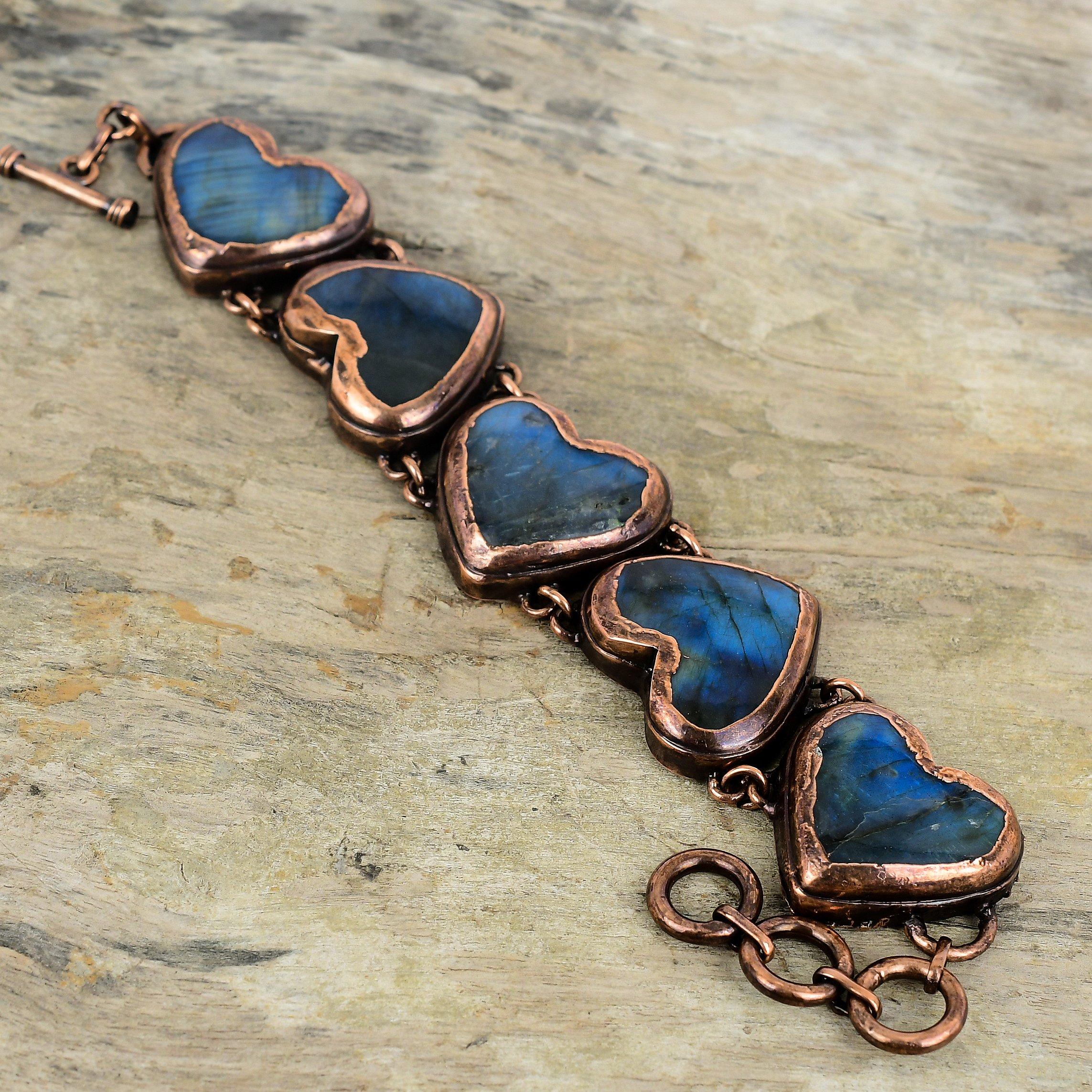 Labradorite Bracelet Electroformed Copper Bracelet Adjustable Chain Bracelet Handmade Heart Bracelet Gemstone Copper Jewelry Engagement Gift