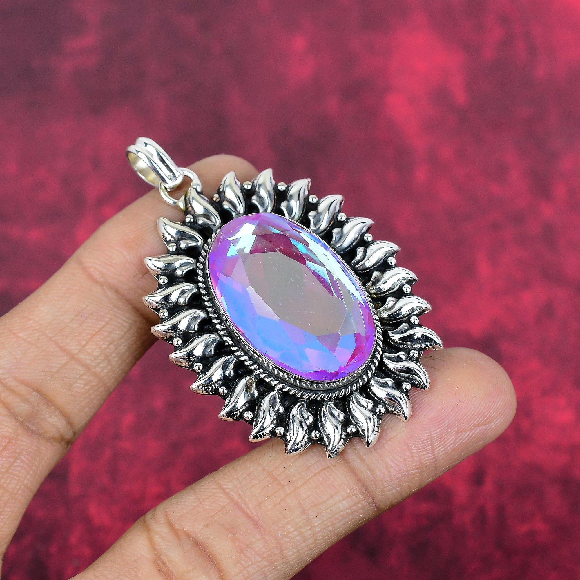 Pink Mystic Topaz 925 Solid Sterling Silver Pendant, Handmade Gemstone Pendant Jewelry, Gifts For Wife Brand New Pendant