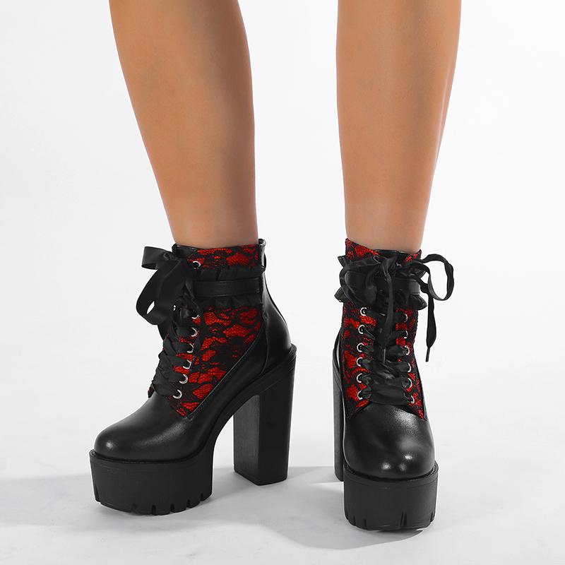 Gdgydh Gothic Lace Patchwork High Heel Ankle Boots for Women Vintage European Style Zipper Closure Chunky Platform Boots Red