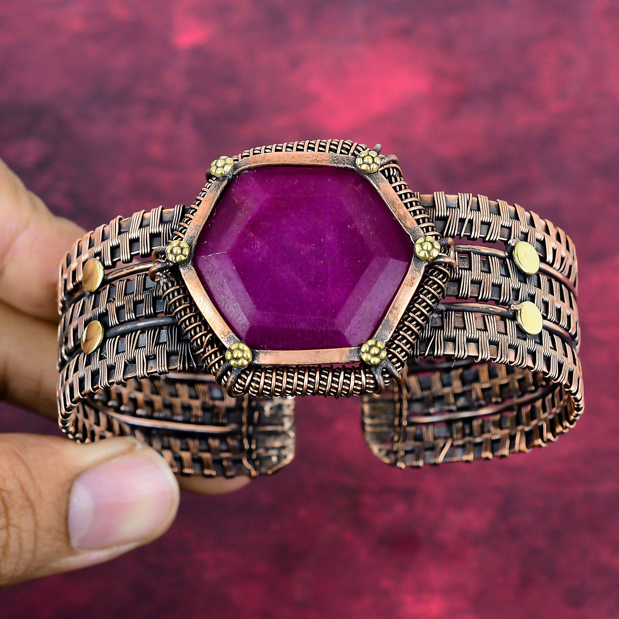 Faceted Kashmir Ruby Bangle Copper Wire Wrapped Jewelry Adjustable Bangle Gemstone Jewelry