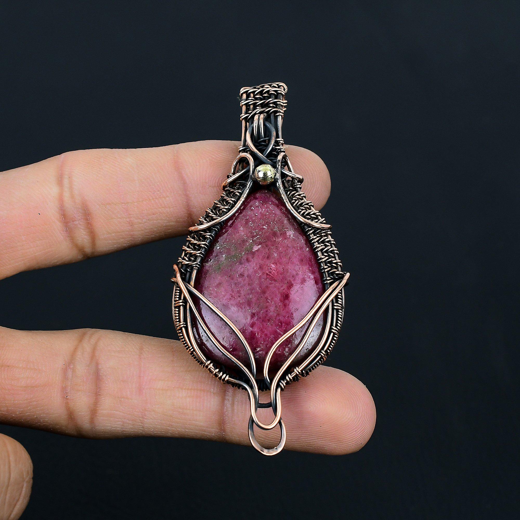 Rhodonite Gemstone Handmade Pure Copper Wire Wrap Jewelry Pendant For Thanksgiving