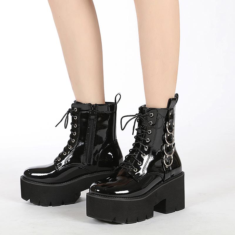 Gdgydh Sexy Gürtelschnalle Damen Plateau Kampfstiefel Pantent Leder Herbst Winter Lace Up Goth Booties Blockabsatz Dunkle Schwärze