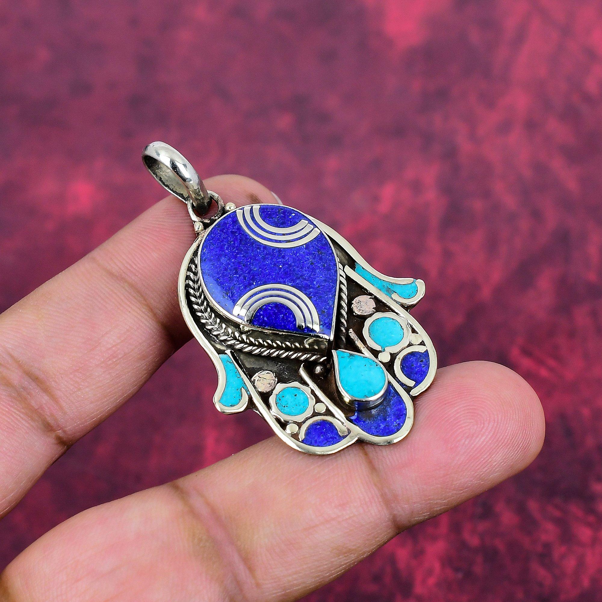 Lapis Lazuli & Turquoise Pendant, Gemstone 925 Solid Sterling Silver Nepali Jewelry Pendant, Handmade Jewelry Birthstone Pendant, Gift For Him