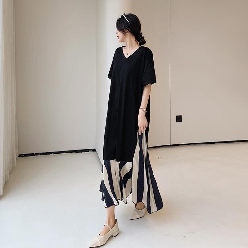 Summer Long Plus Size Women's Dress Striped V-Neck Short Sleeve Dresses