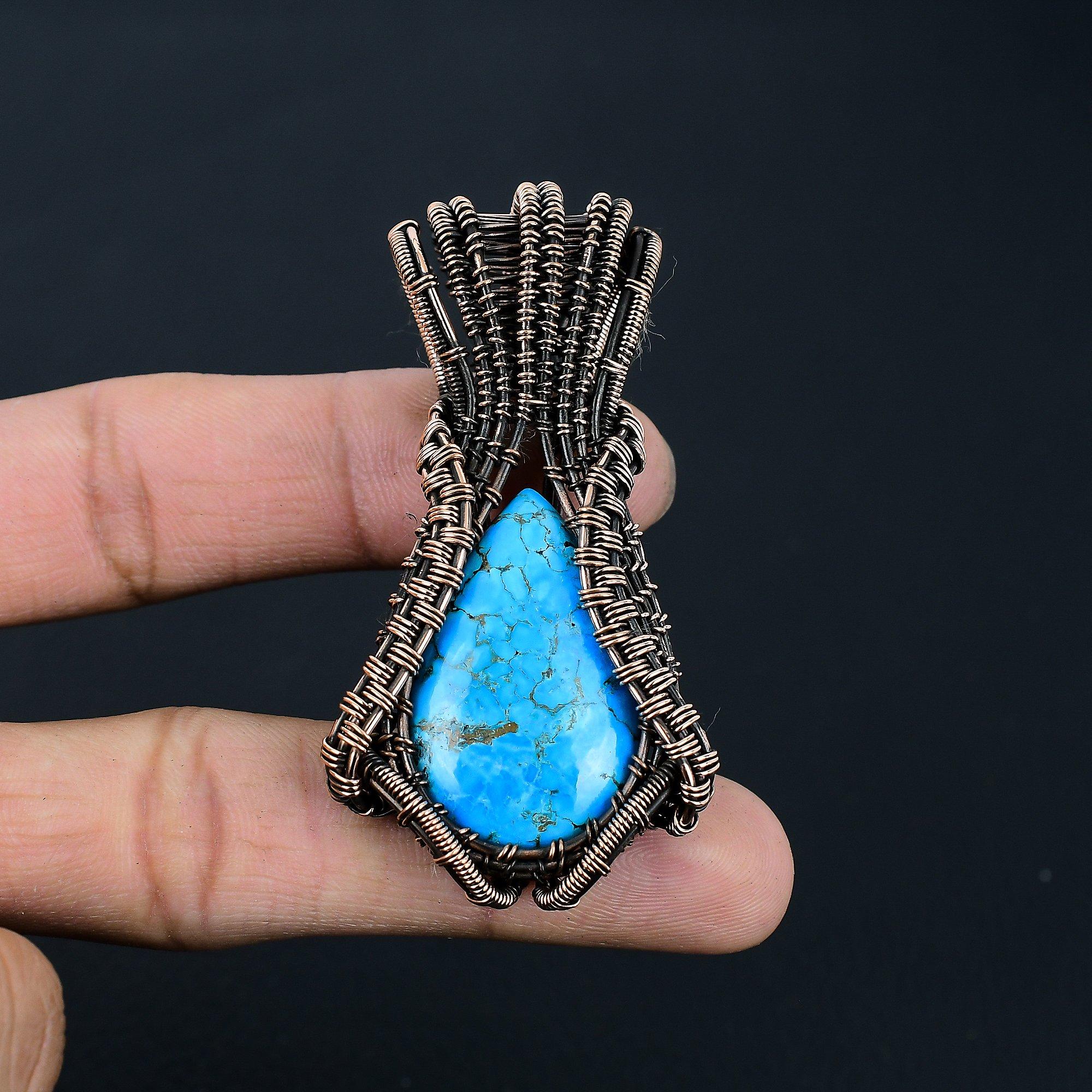Adorable Tibetan Turquoise Gemstone Handmade Copper Wire Wrap Jewelry Pendant