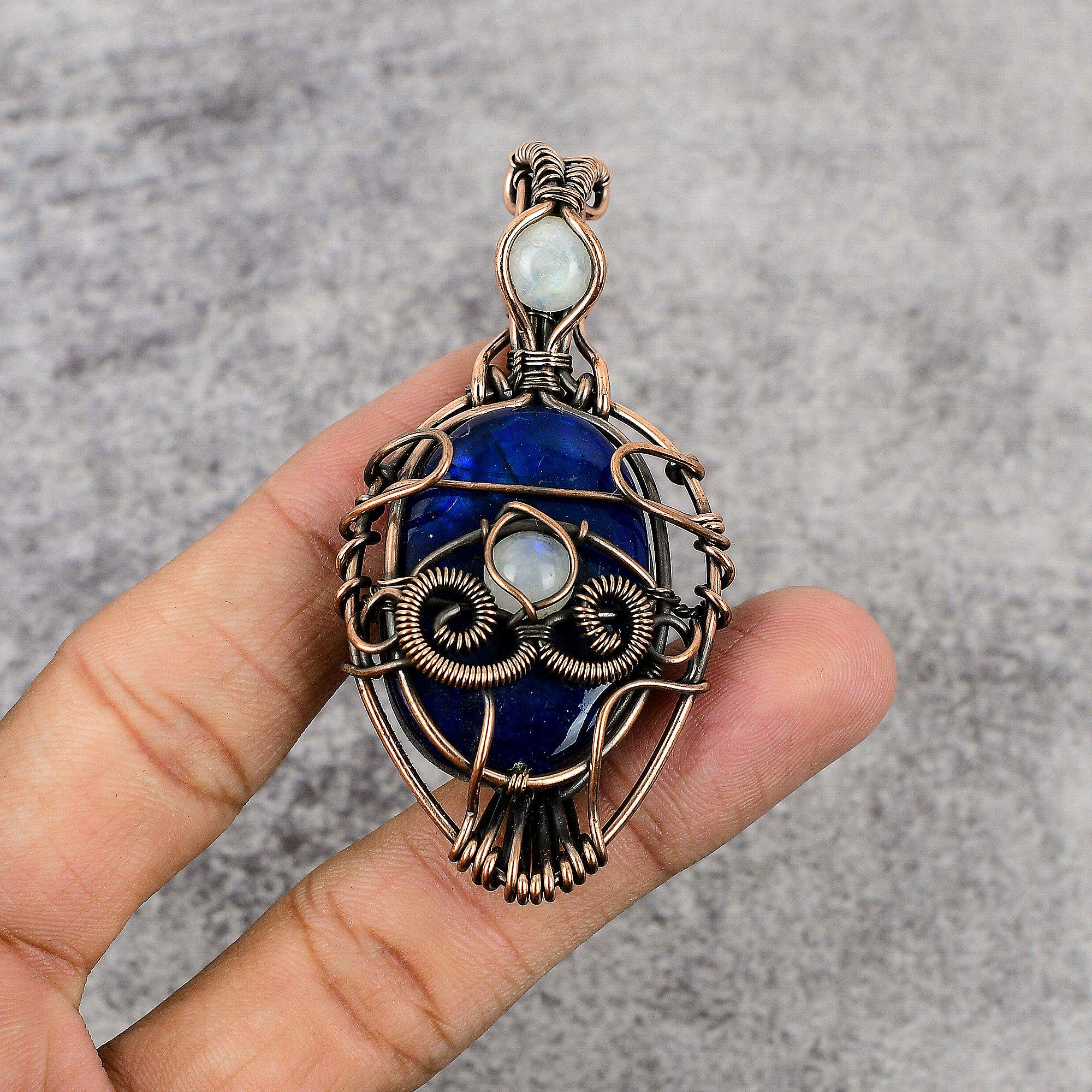 Blue Flash Labradorite & Rainbow Moonstone Pendant, 999 Copper Wire Wrapped Jewelry, Handmade Pendant Gemstone Jewelry