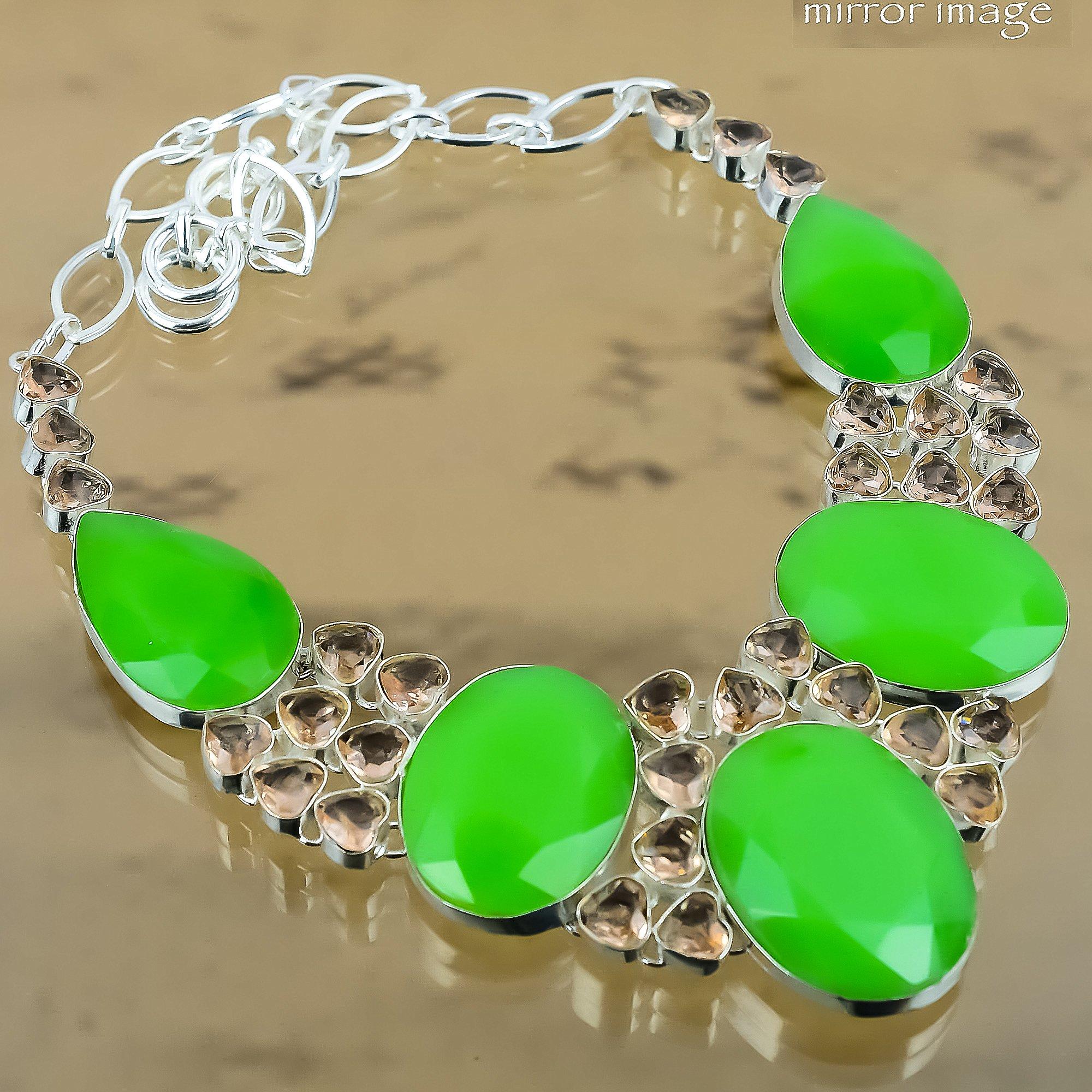 Gift For Her Natural Green Chalcedony Chain Adjustable Necklace 925 Silver