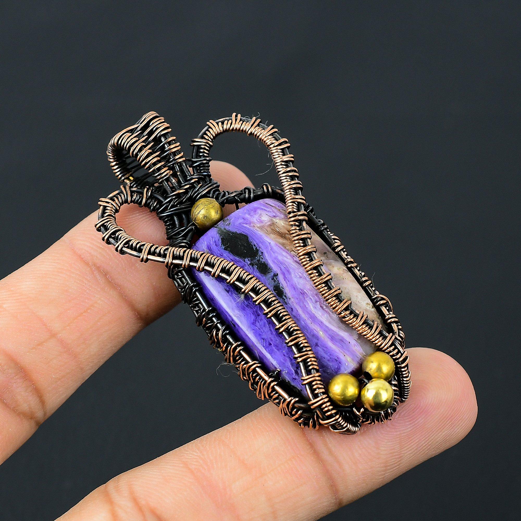 Charoite Gemstone Pure Copper Wire Wrapped Handmade Pendant Jewelry For Her