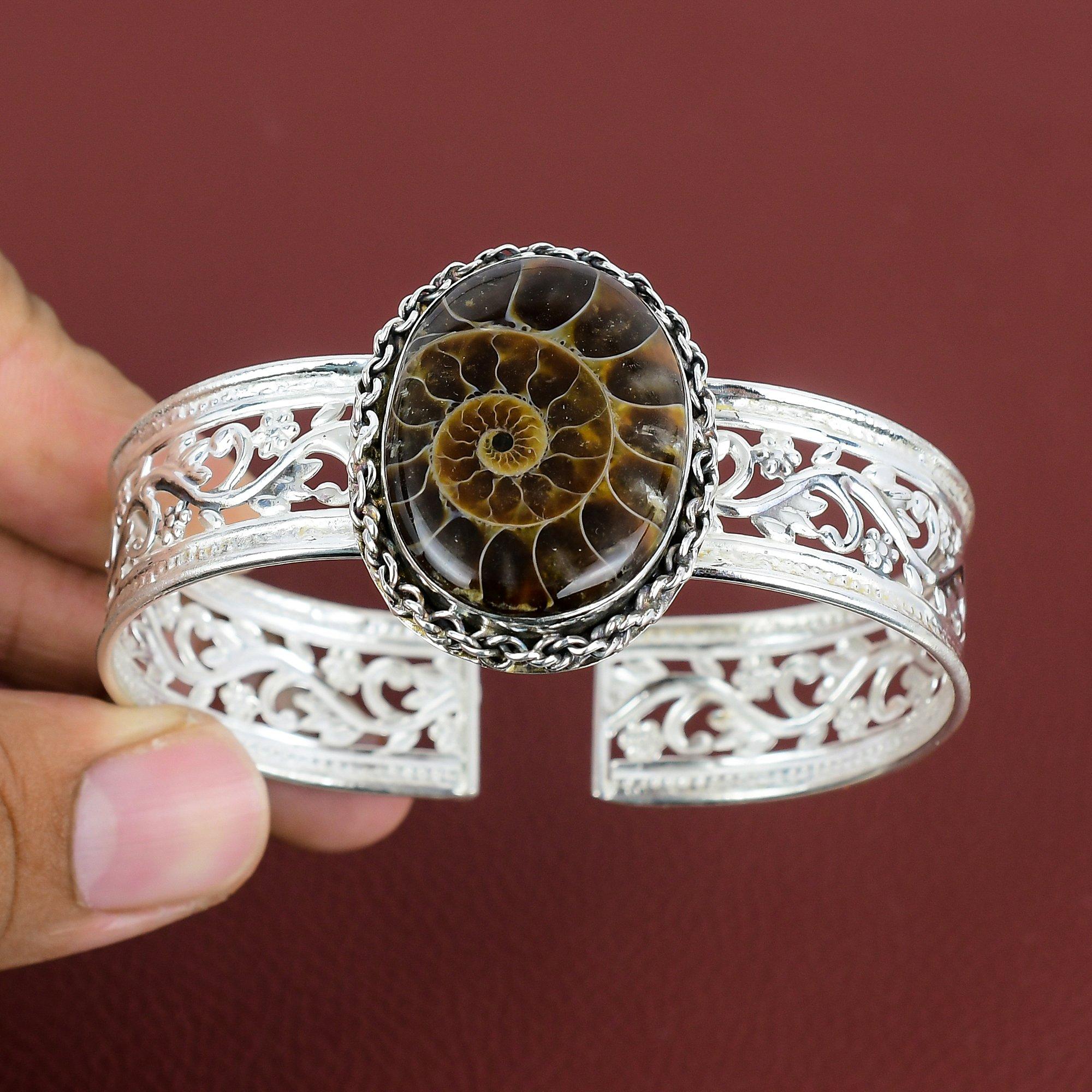 Bransoletka z skamieniałością amonitu i kamieniem szlachetnym Srebro Sterling 925 Regulowana Bransoletka Unikalna Biżuteria Ręcznie robiona Bransoletka Prezenty Dla Niej Zupełnie Nowa Bransoletka
