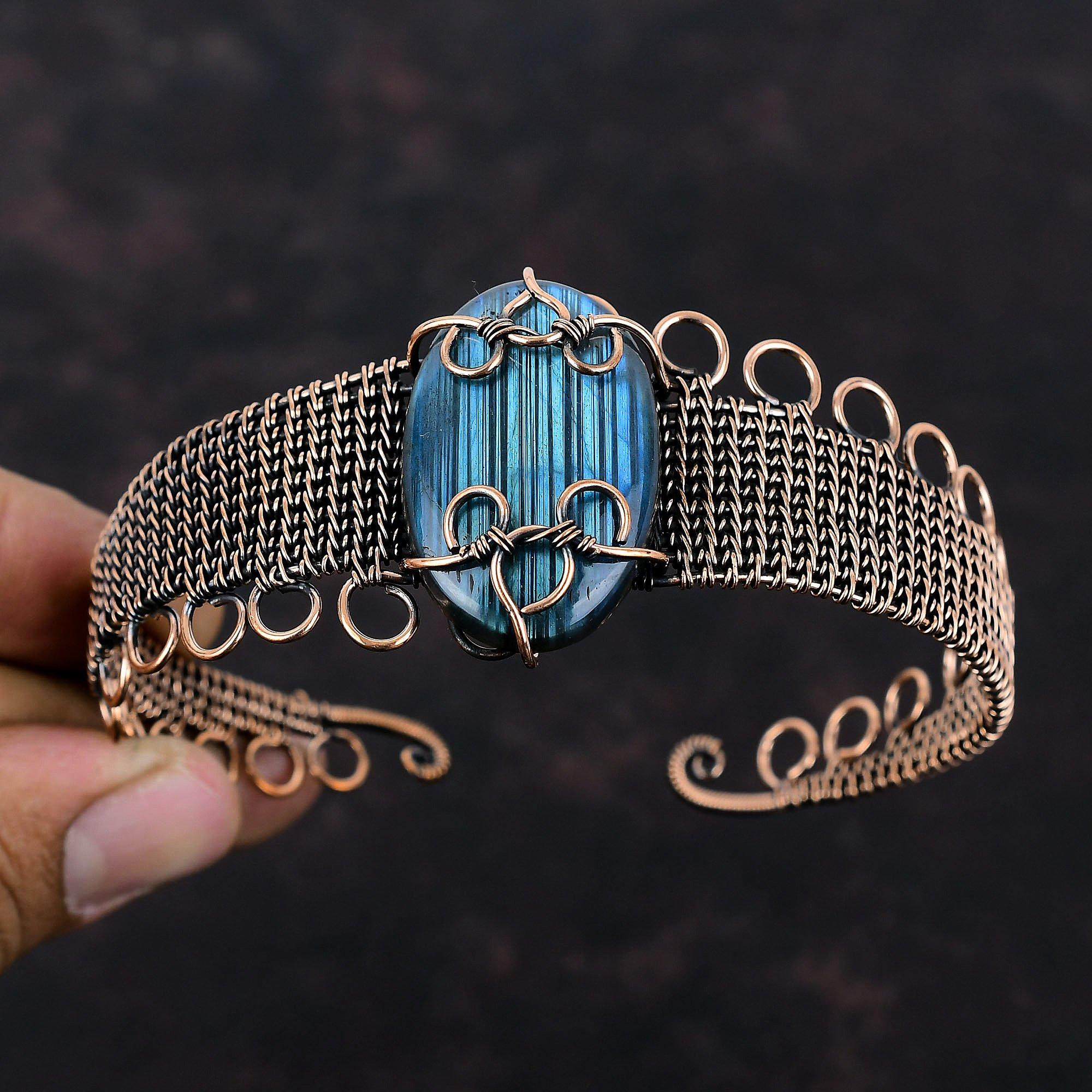 Labradorit Kupferdraht umwickeltes Armspangenarmband Verstellbarer Armreif Edelstein-Armspange Kupferdrahtschmuck Handgemachter Armreif Jubiläumsgeschenke