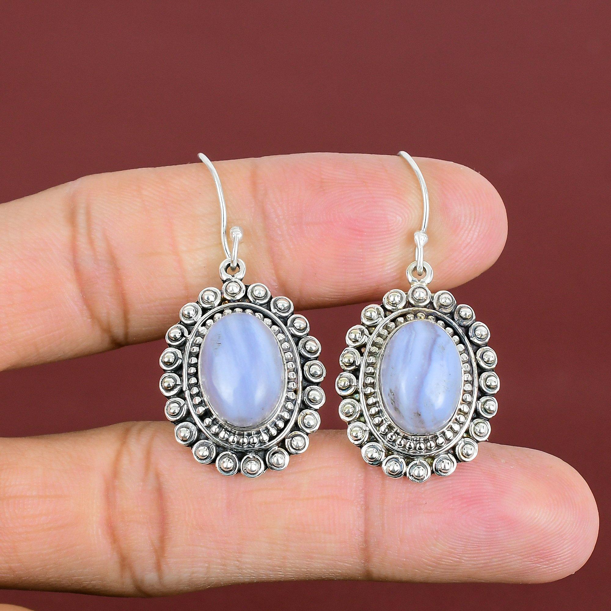 Blue Lace Agate Earrings Gemstone Handmade Earring Birthstone Jewelry 925 Sterling Silver Earrings Very Pretty Vintage Earring Wedding Gifts