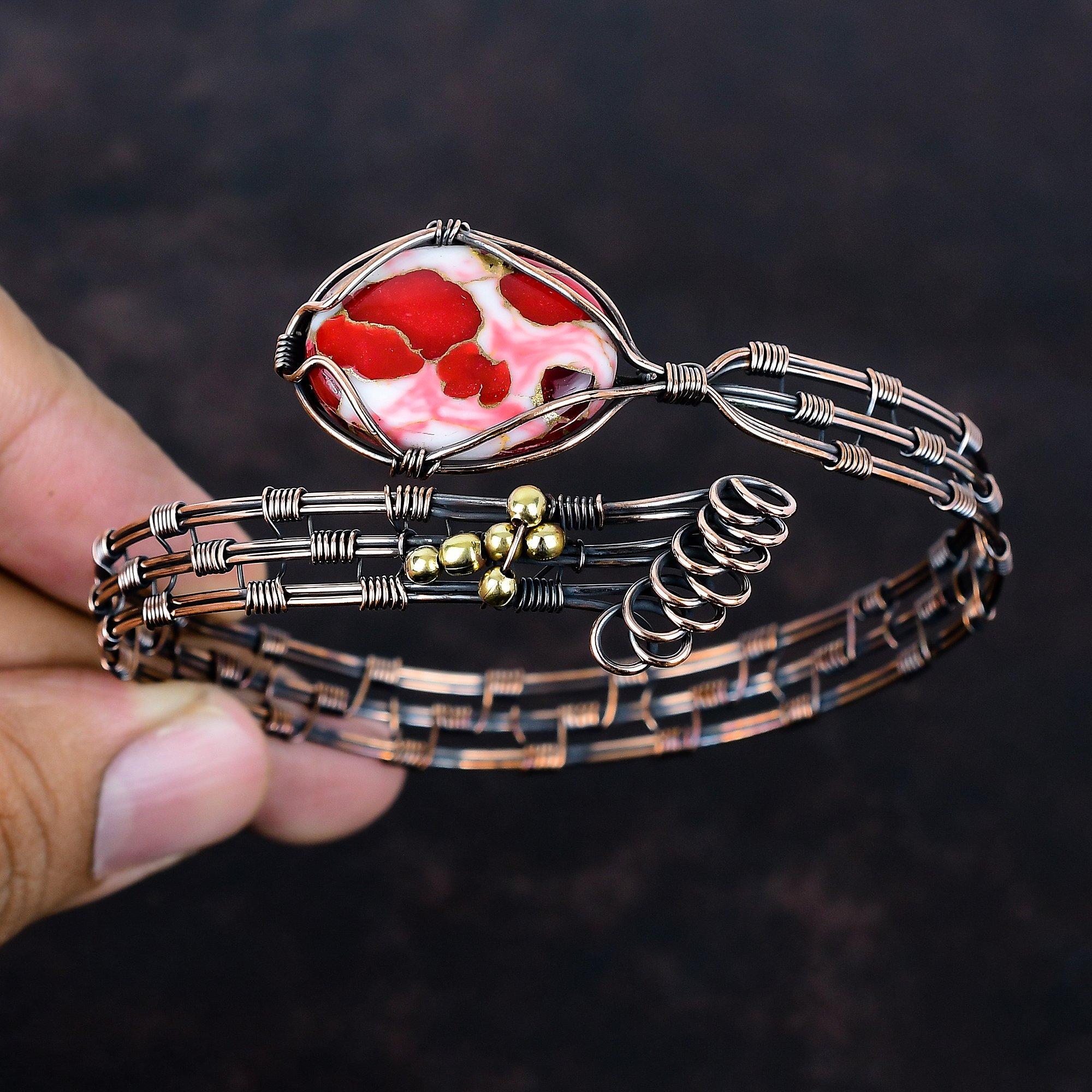 Kingman Red Mohave Copper Turquoise Bangle Copper Wire Wrapped Cuff Bracelet Adjustable Bangle Handmade Gemstone Bangle Copper Wire Jewelry