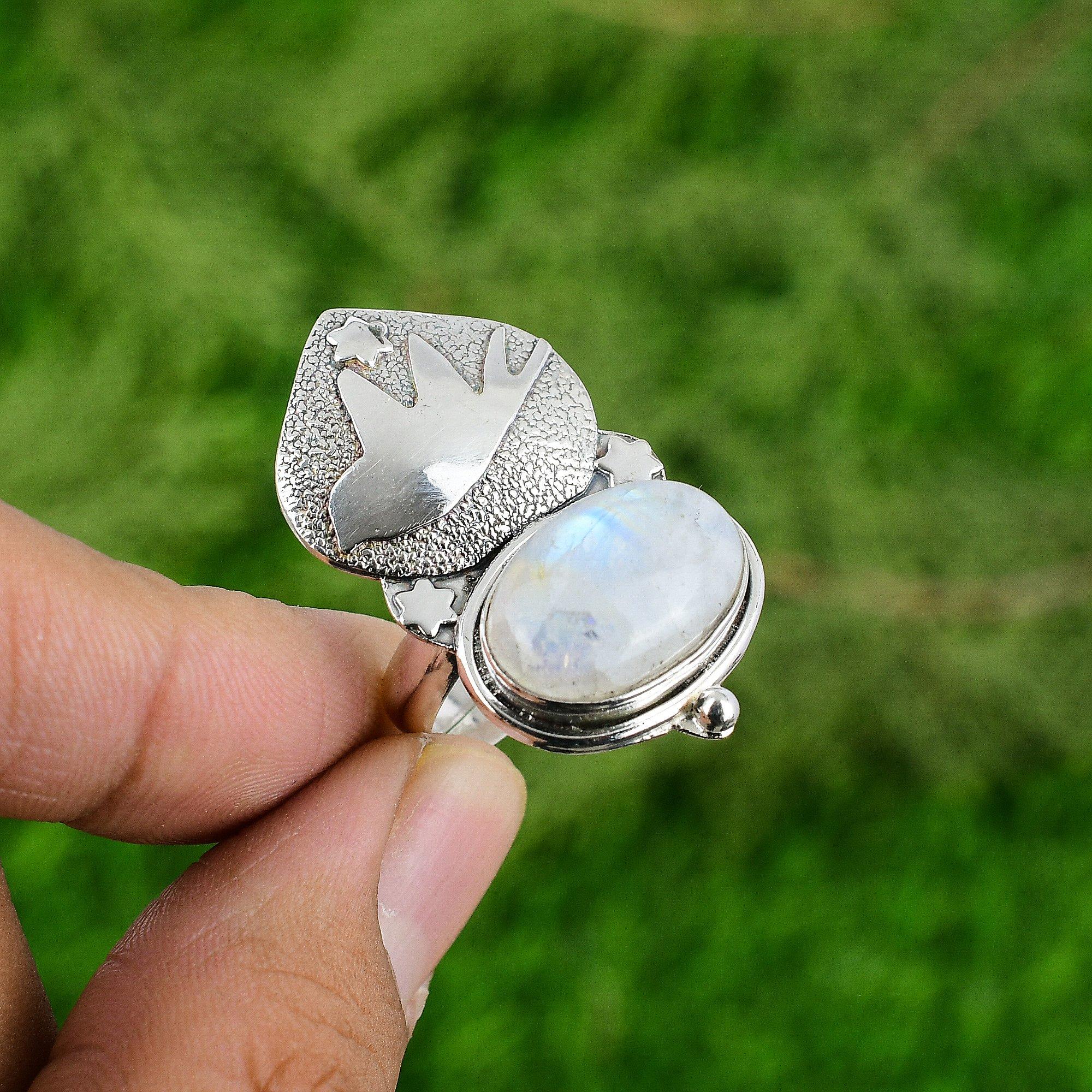 Natural Rainbow Moonstone Promise Bird Adjustable Ring 925 Silver For Women