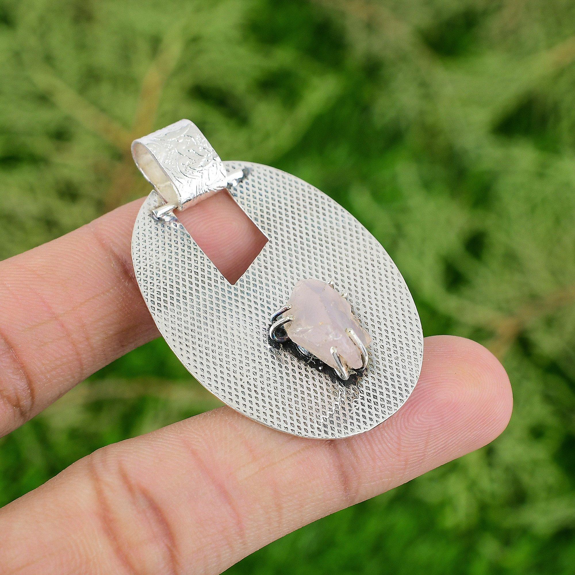 Daughters Day Sale Sterling Silver Rose Quartz Rough Gemstone Pendant Jewelry