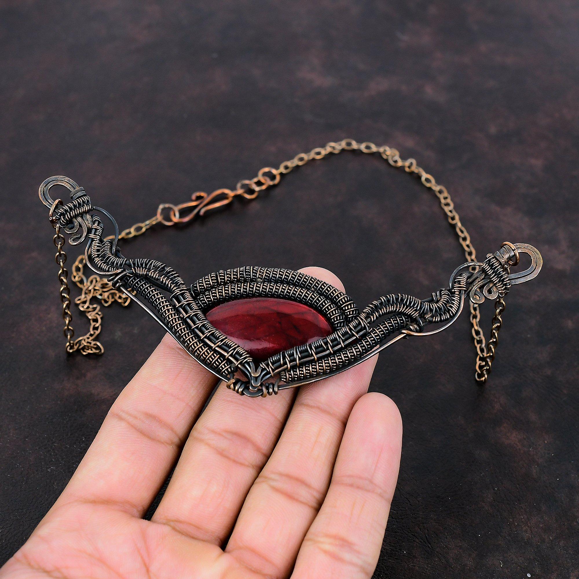 Red Fire Labradorite Necklace Copper Wire Wrapped Jewelry Handmade Adjustable Chain Necklace Real Gemstone Jewelry Copper Wire Wrap Necklace